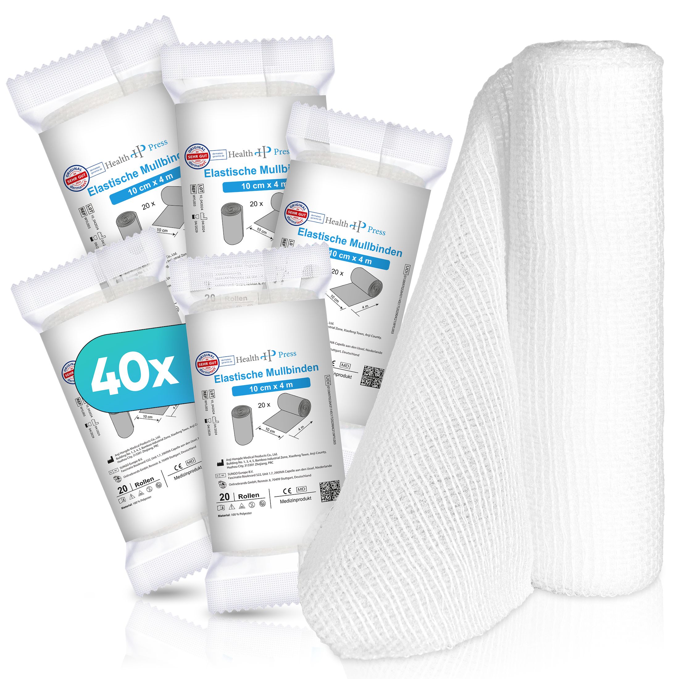 Vierzig einzeln verpackte elastische Mullbinden, eine Rolle lose.