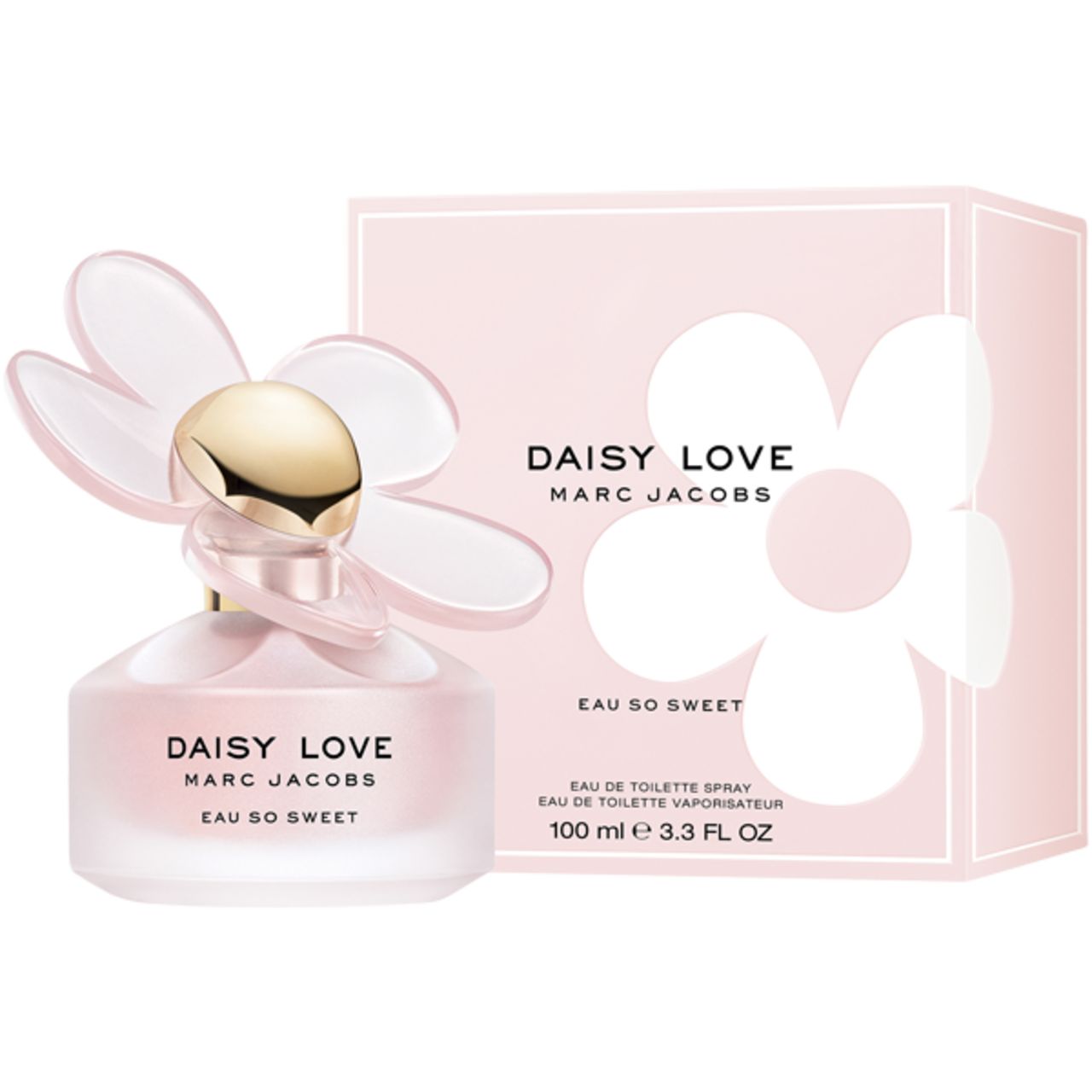 Rosa Flakon mit goldfarbenem Verschluss und blütenförmigem Deckel, neben rosa Verpackung. Schriftzug: Daisy Love, Marc Jacobs.