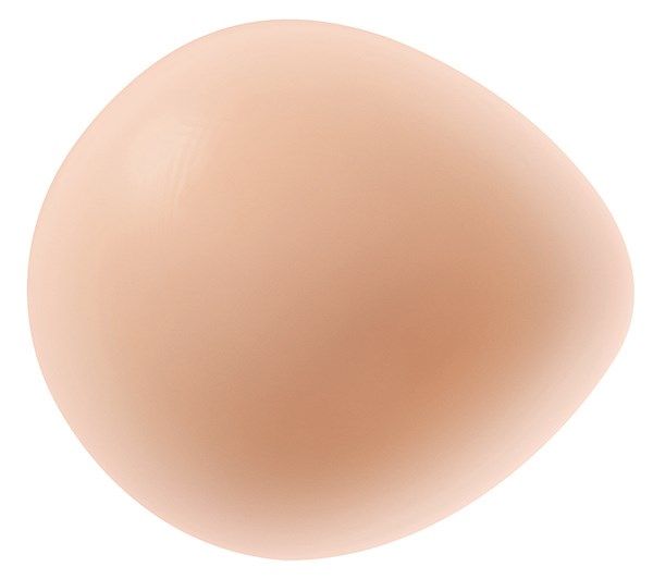 Ovale Brustprothese in Hautfarbe. Form: Tropfenförmig. Material: Silikon. Keine weiteren Merkmale sichtbar.