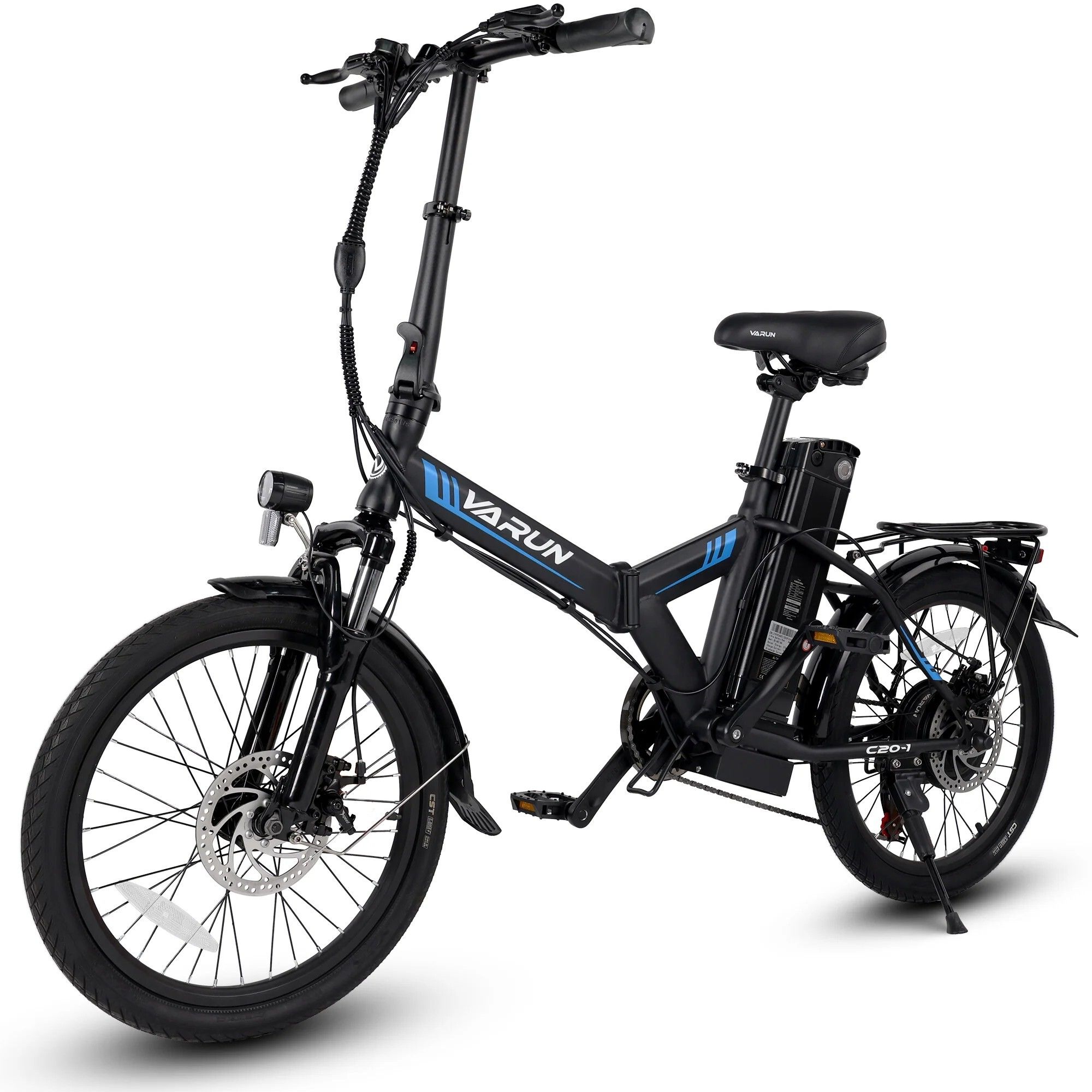 Schwarzes, zusammengeklapptes E-Bike. Details: VARUN-Logo, Frontscheinwerfer, Gepäckträger, Akku.