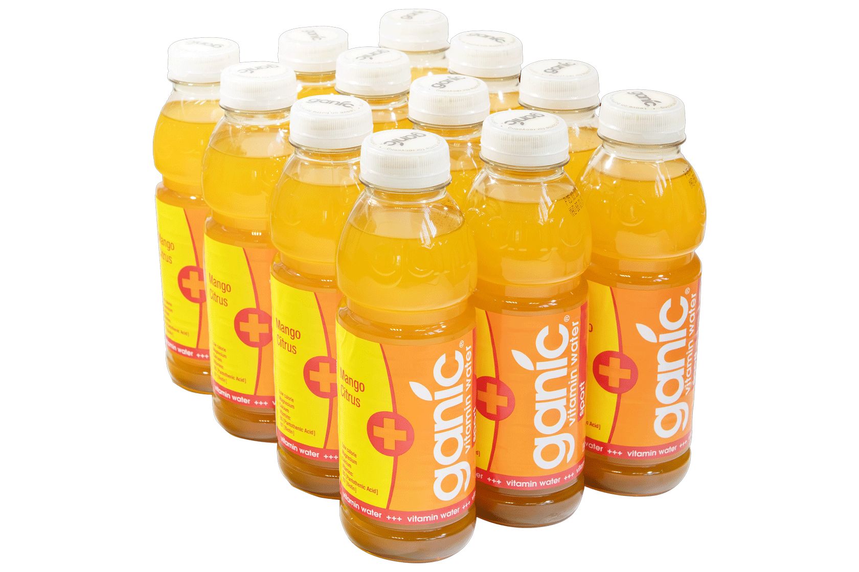 Mehrere Flaschen mit gelbem Getränk. Auf den Etiketten steht "ganic" und "Mango Fresh". Weiße Verschlüsse.