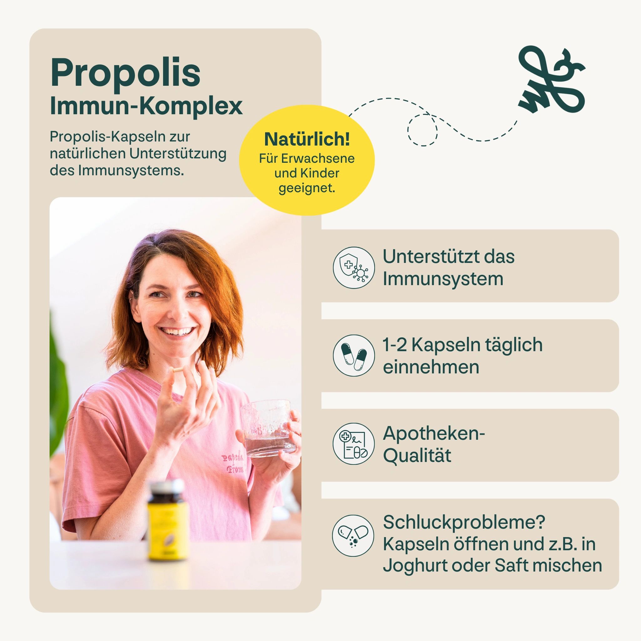 Frau hält Kapsel und Glas Wasser. Neben ihr: Heybee Propolis Immun-Komplex. Text: Für Erwachsene und Kinder geeignet. Apotheken-Qualität.