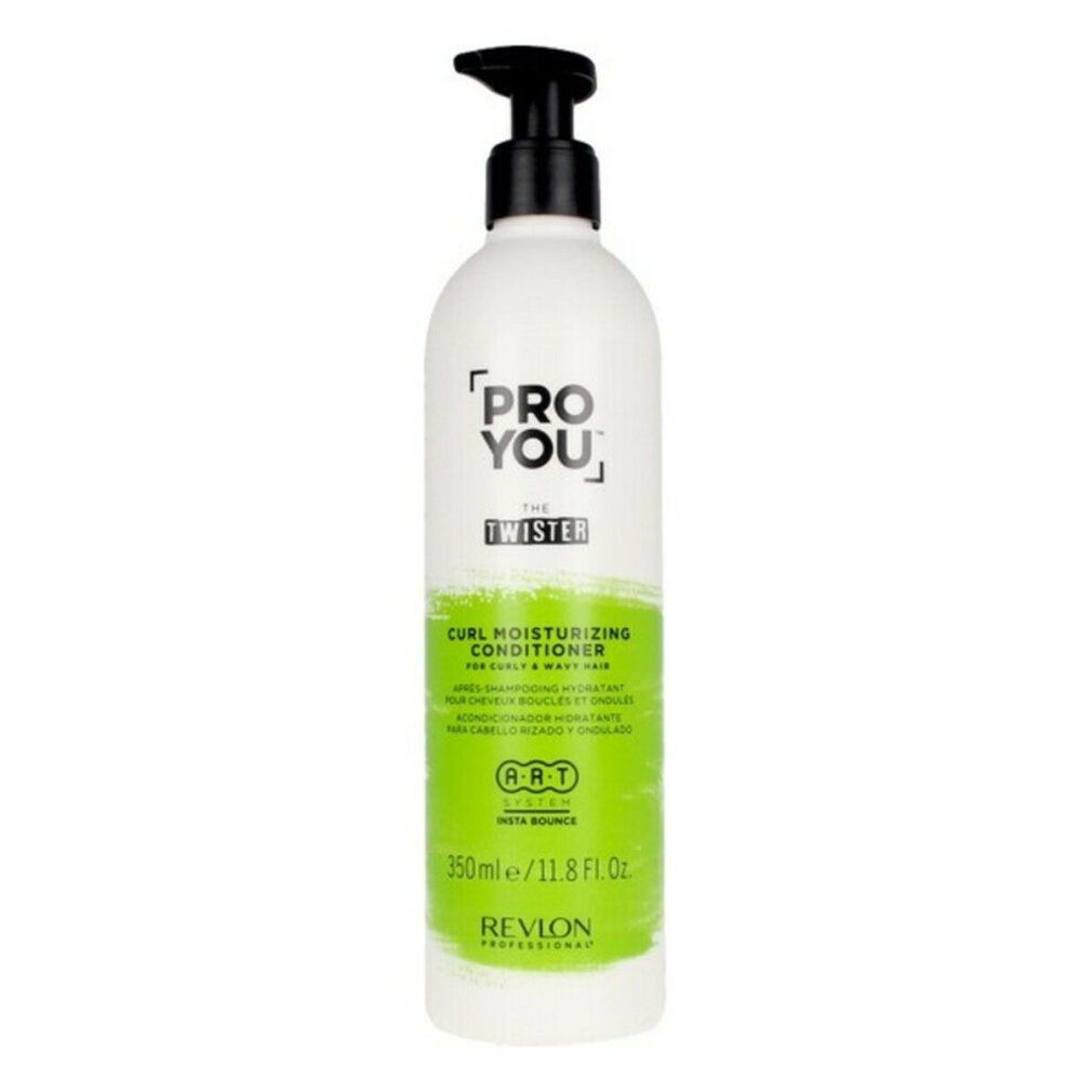 Weiße Flasche mit schwarzem Pumpkopf. Grün-weiße Etiketten mit Text: Pro You The Twister Conditioner, Revlon.