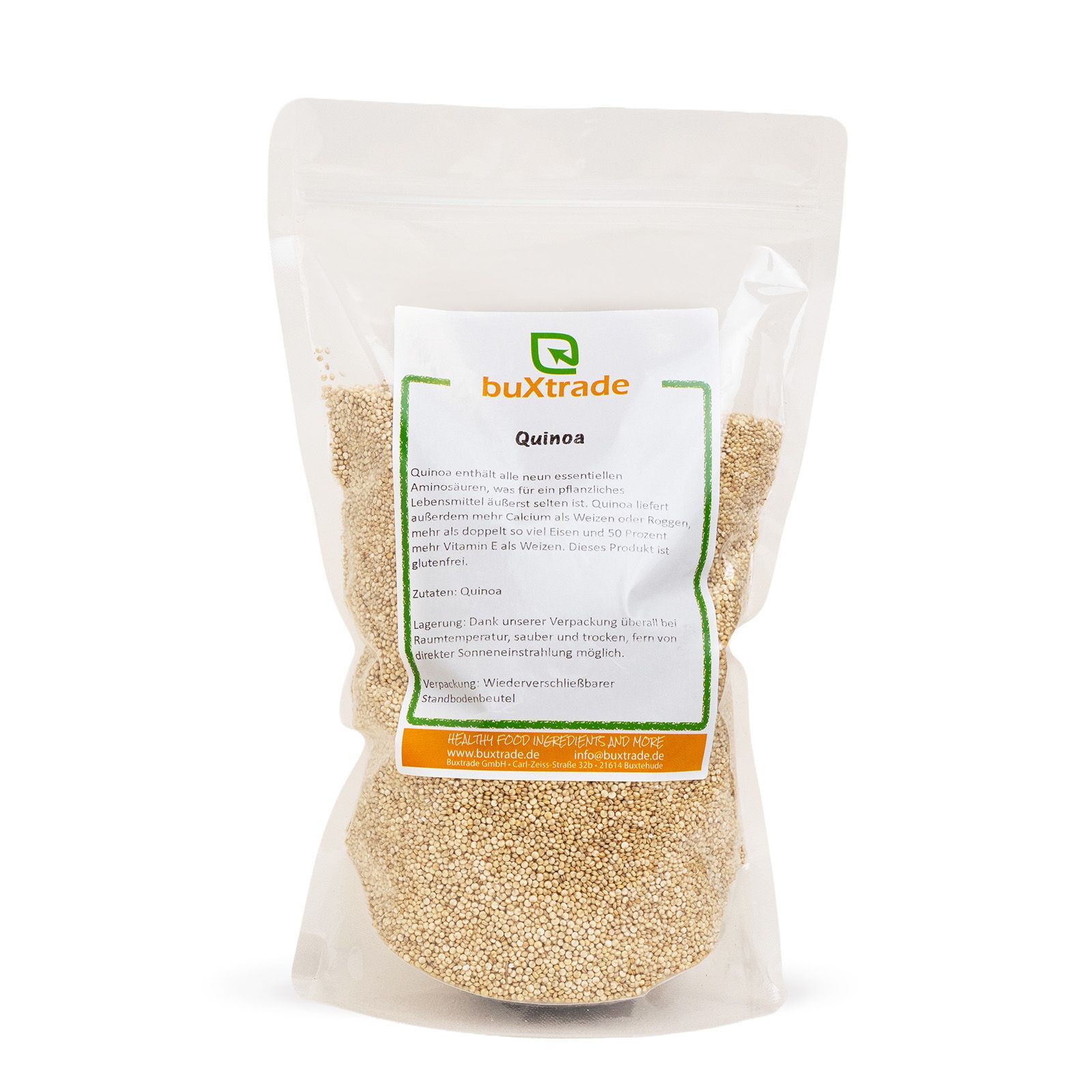 Transparente Tüte mit buXtrade Quinoa. Auf der Tüte befindet sich ein Etikett mit Produktinformationen.