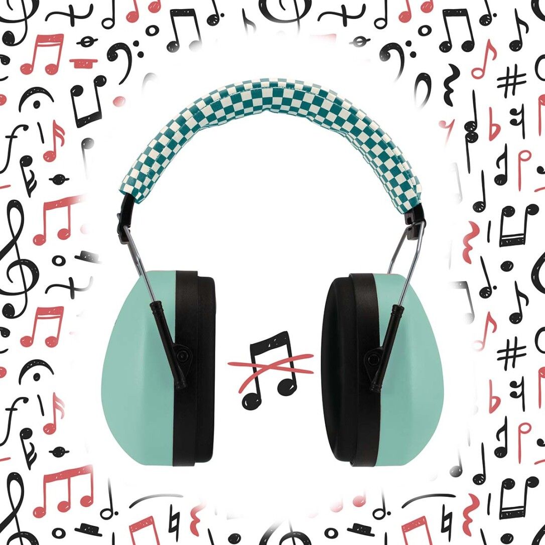 Gehörschutz mit Noten. Türkise Ohrmuscheln, grün-weißes Karomuster. Noten im Hintergrund, durchgestrichene Note.