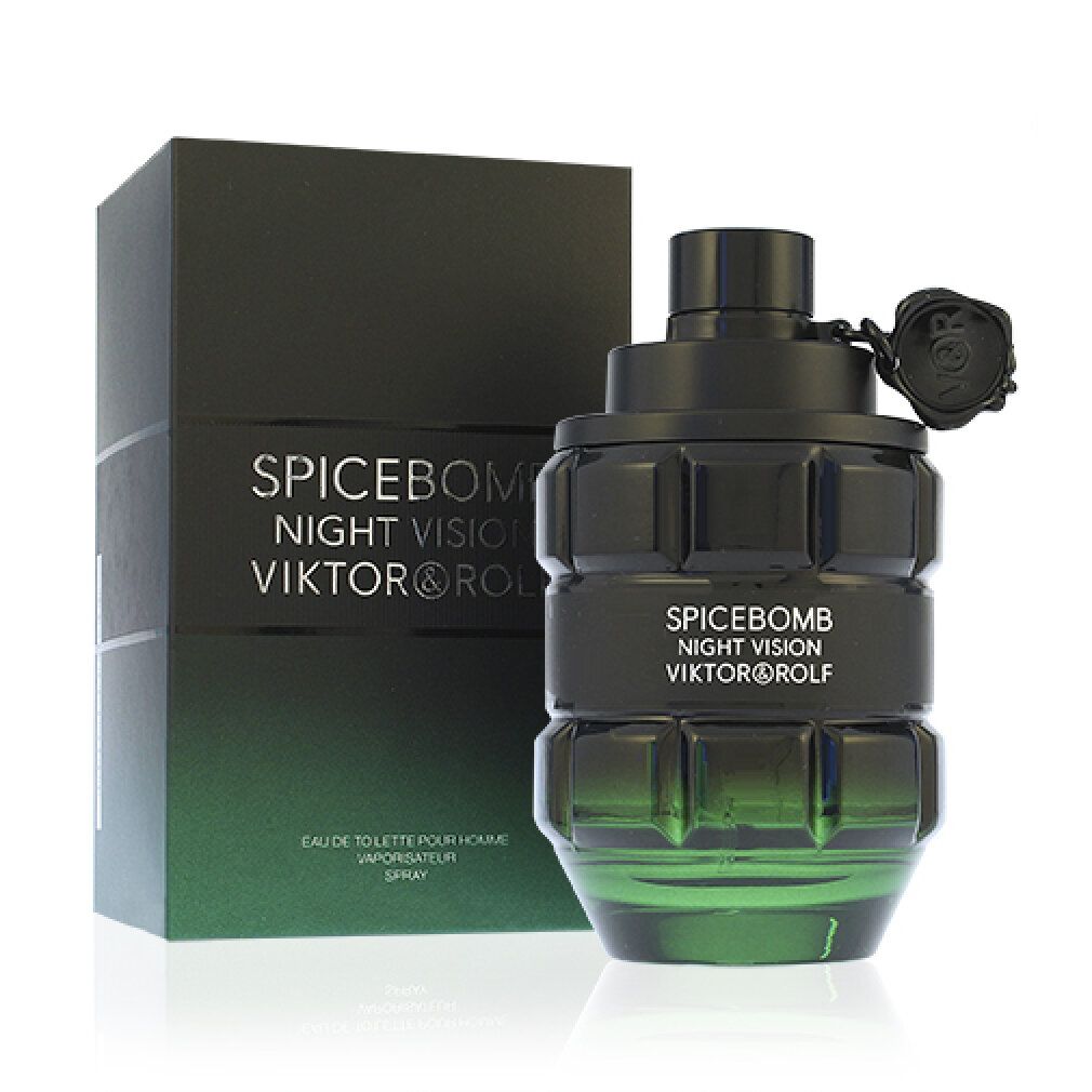 Grüne und schwarze Flasche mit Schachtel. Aufschrift: Spicebomb Night Vision Viktor & Rolf.