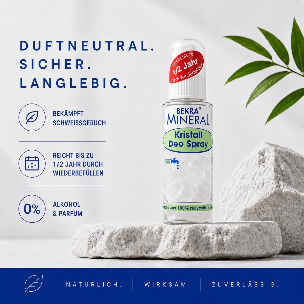 BEKRA Mineral Kristall Deo Spray auf Steinpodest, umgeben von Pflanzen und Kristallen. Text: Duftneutral, sicher, langlebig.