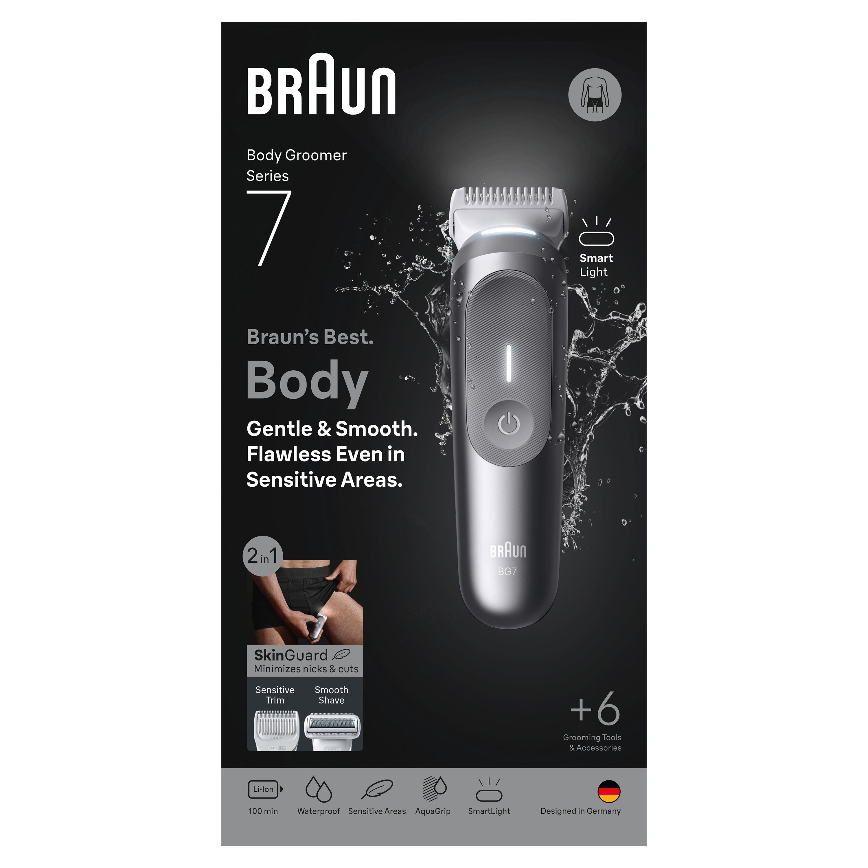 Verpackung des Braun BodyGroomer Series 7 mit Produktabbildung und Merkmalen.
