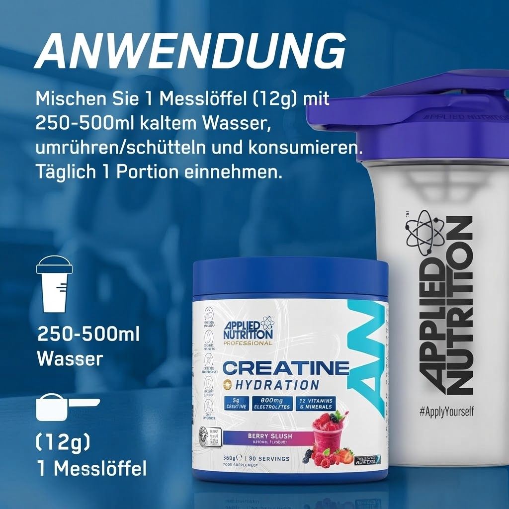 Anwendung: 1 Messlöffel (12g) mit 250-500ml Wasser mischen. Mit Shaker und Dose 'Applied Nutrition Creatine Hydration' (Berry Slush).