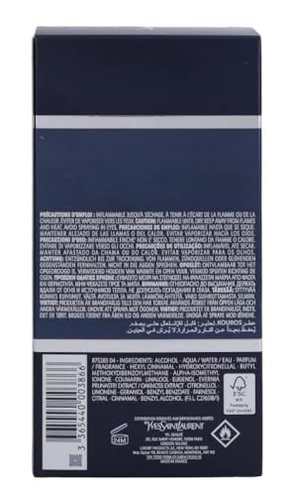 Rückseite der Yves Saint Laurent Kouros Eau de Toilette Verpackung. Text, Barcode, Logos und Warnhinweise.