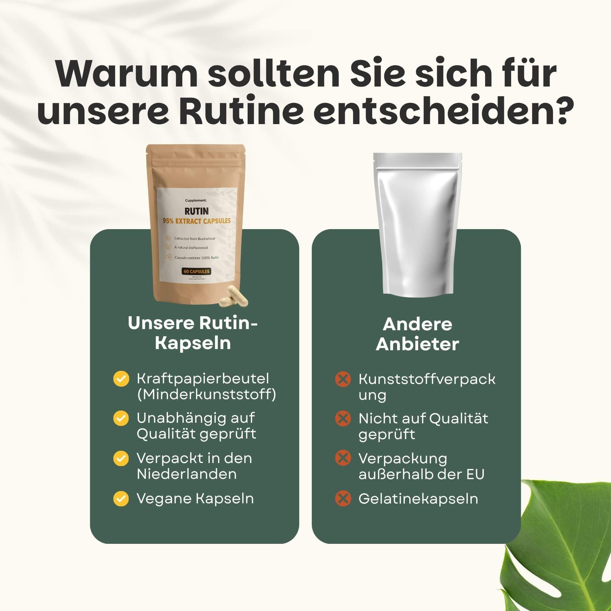 Vergleich: Rutin-Kapseln vs. andere Anbieter. Kraftpapierbeutel, vegane Kapseln, Qualität.