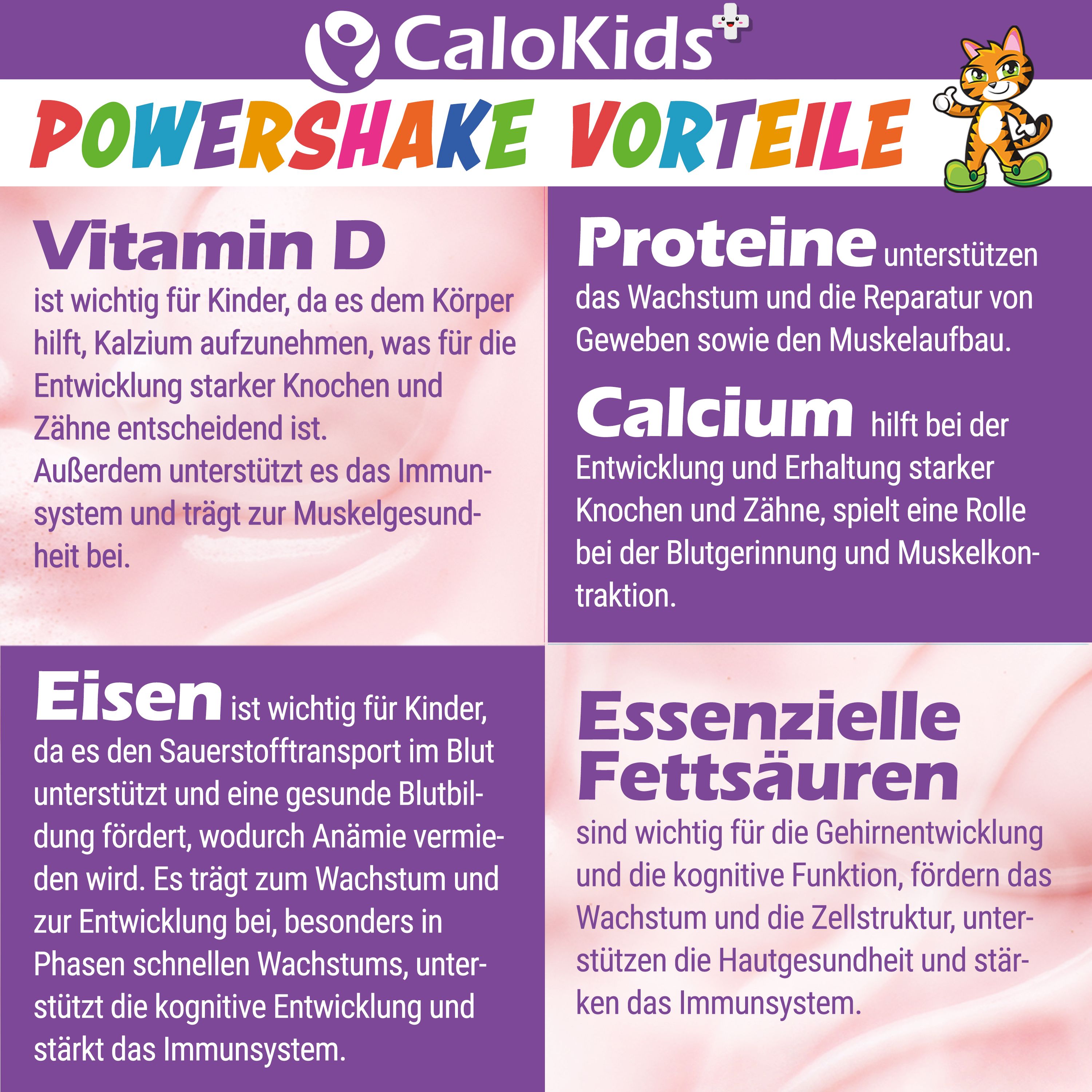 CaloKids-Logo, Text: Vorteile von Vitamin D, Proteinen, Calcium, Eisen, essentiellen Fettsäuren für Kinder.