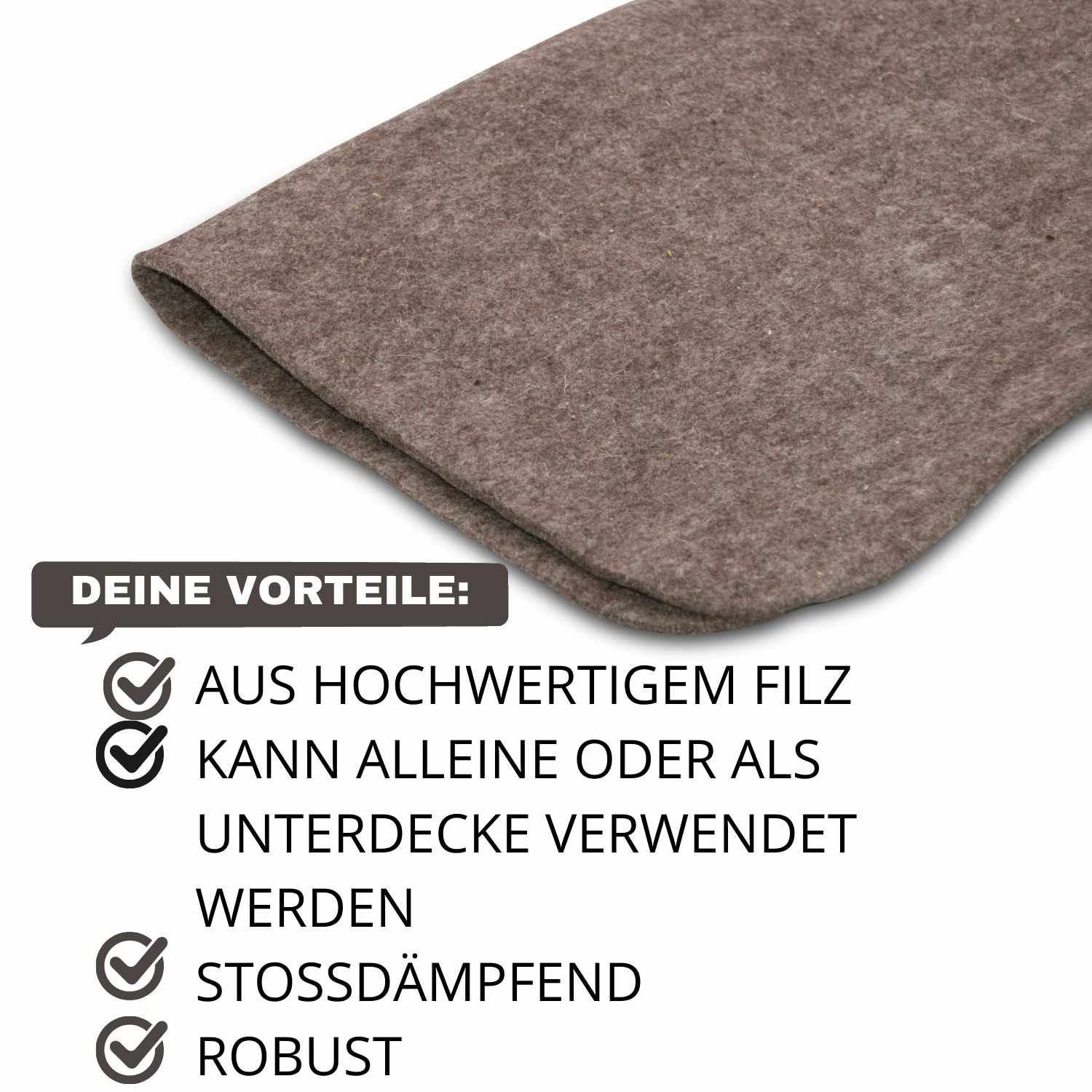 Grauer Filzliner. Text: „AUS HOCHWERTIGEM FILZ“, „KANN ALLEINE ODER ALS UNTERDECKE VERWENDET WERDEN“, „STOSSDÄMPFEND“, „ROBUST“.