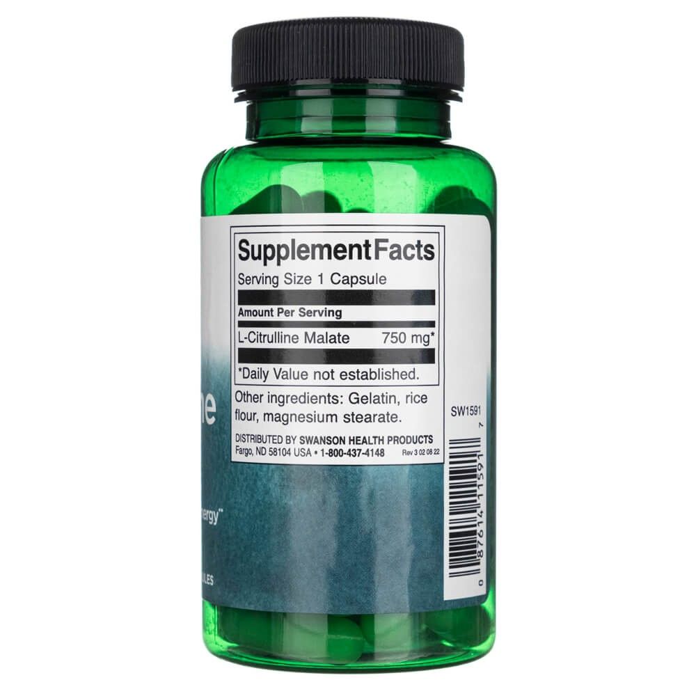 Rückseite einer grünen Flasche mit Supplement Facts: L-Citrullin Malat 750 mg, 60 Kapseln.