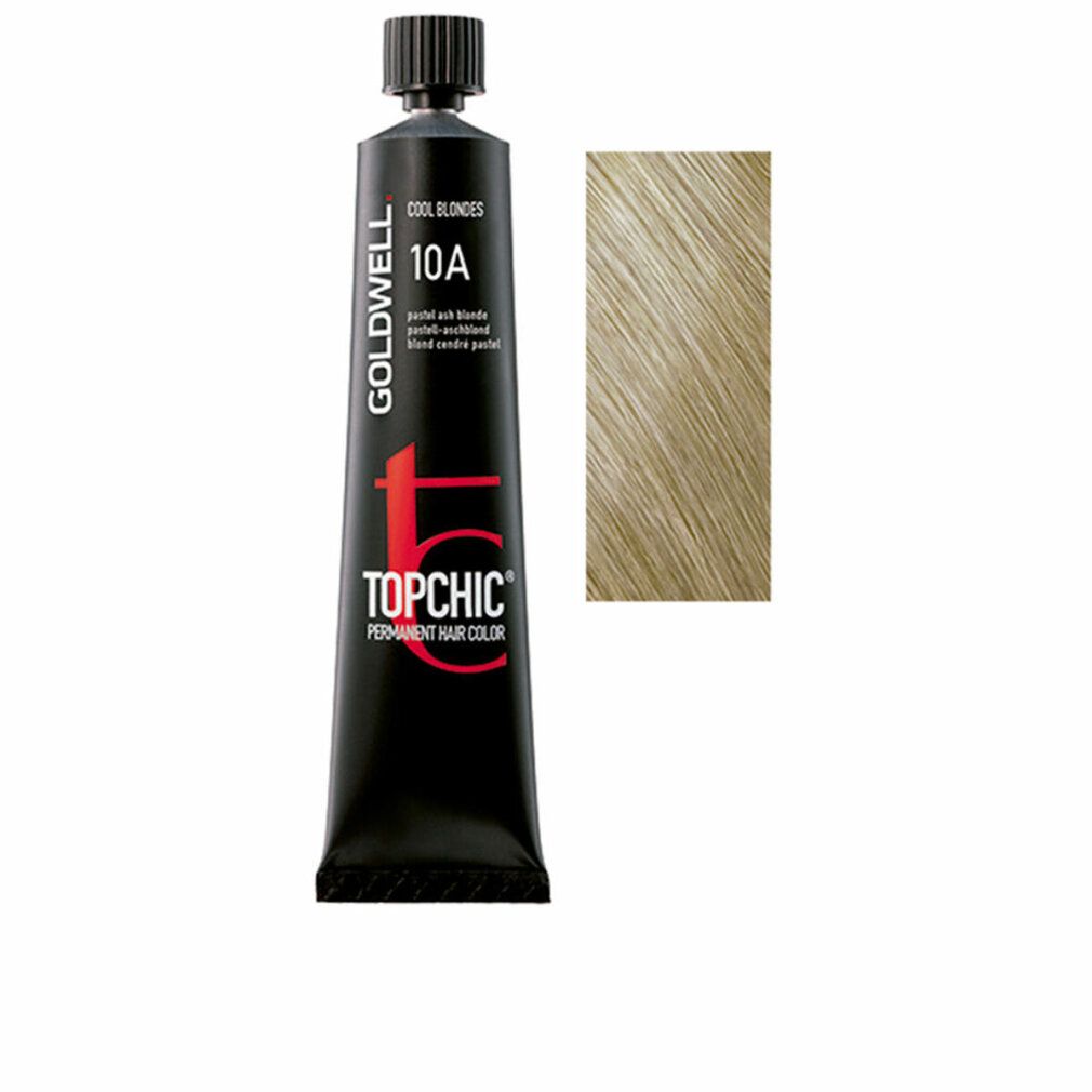 Goldwell Topchic Haarfarbe Tube und Farbmuster. Tube schwarz, Farbmuster hellblond. "10A" und "pastell-aschblond" sind sichtbar.