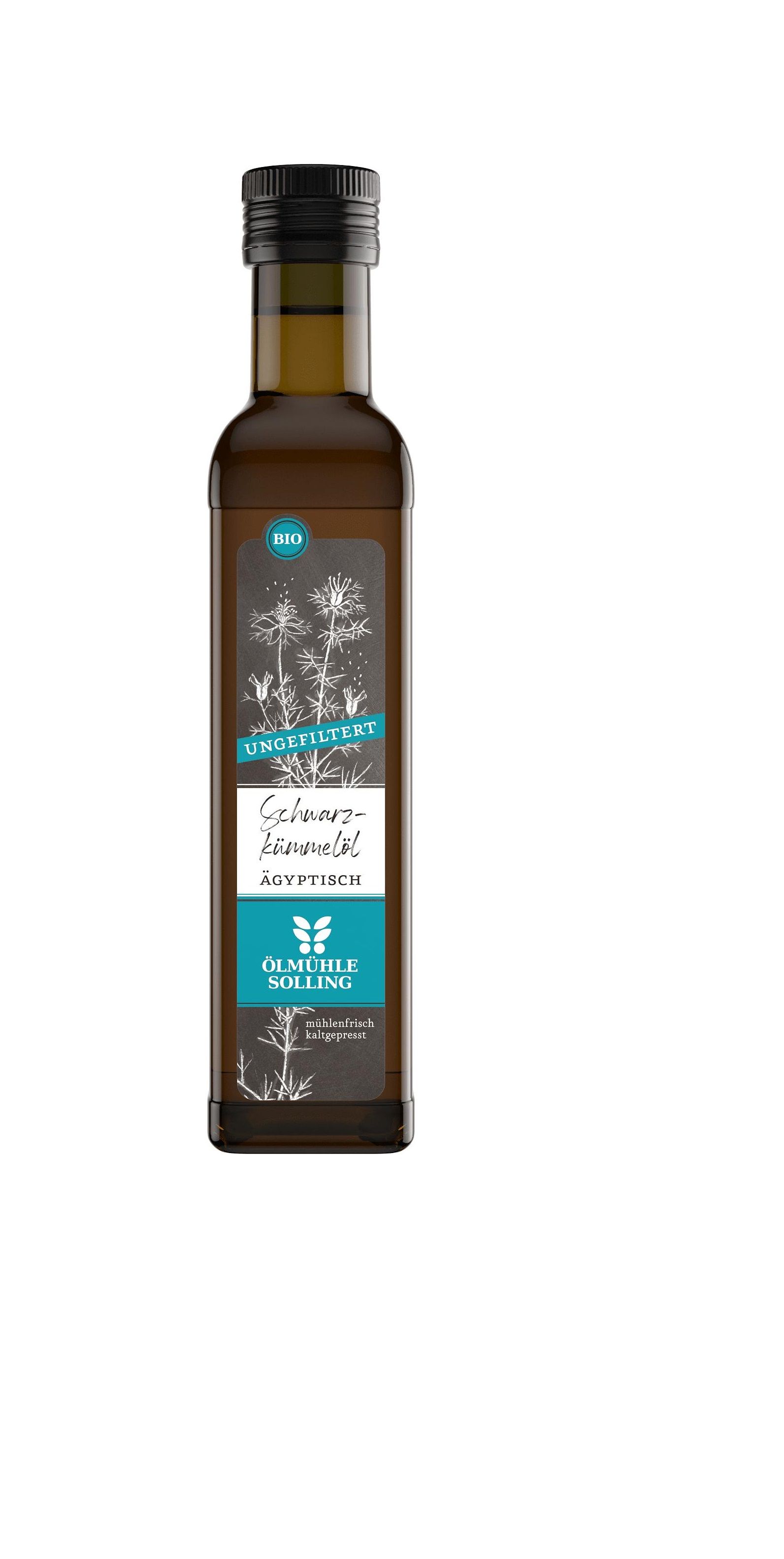 Braune Glasflasche mit schwarzem Deckel. Etikett mit Text: ungefiltert, Schwarzkümmelöl, Ölmühle Solling. Bio-Siegel.