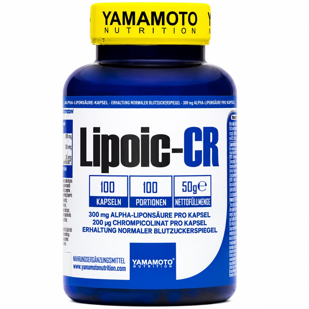 Flasche Lipoic-CR von Yamamoto Nutrition mit 100 Kapseln. Enthält 300 mg Alpha-Liponsäure pro Kapsel.