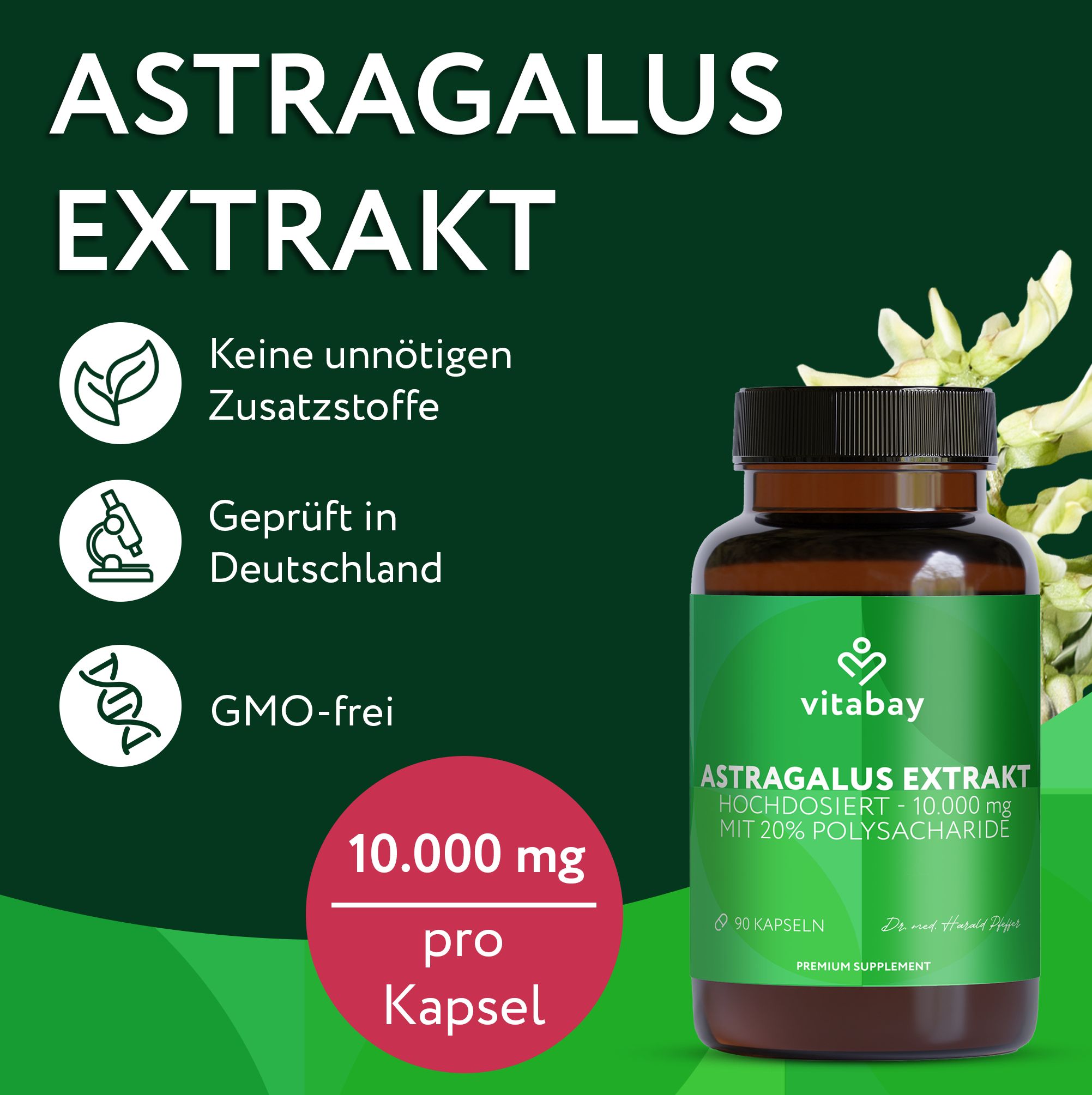 Vitabay Astragalus Extrakt Flasche, 10.000 mg pro Kapsel, geprüft in Deutschland.
