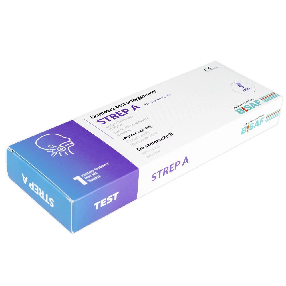 Schrägansicht der Testverpackung. Aufdruck: STREP A, BISAF, CE-Kennzeichnung. Für Selbsttest. Blaue und weiße Farbgebung.