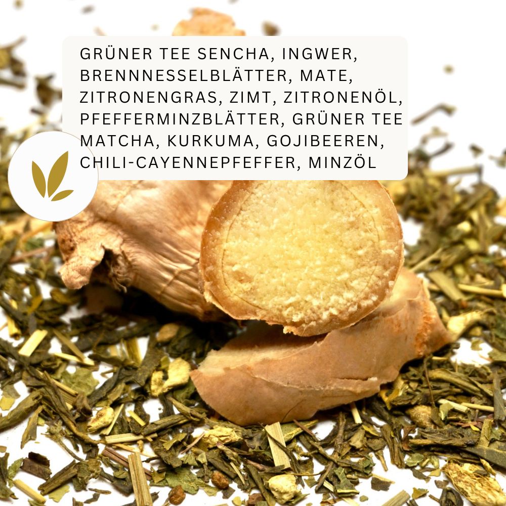 Nahaufnahme von Kräutern und Ingwer. Text: Grüner Tee Sencha, Ingwer, Brennnesselblätter, Mate, Zitronengras, Zimt, Zitronenöl...
