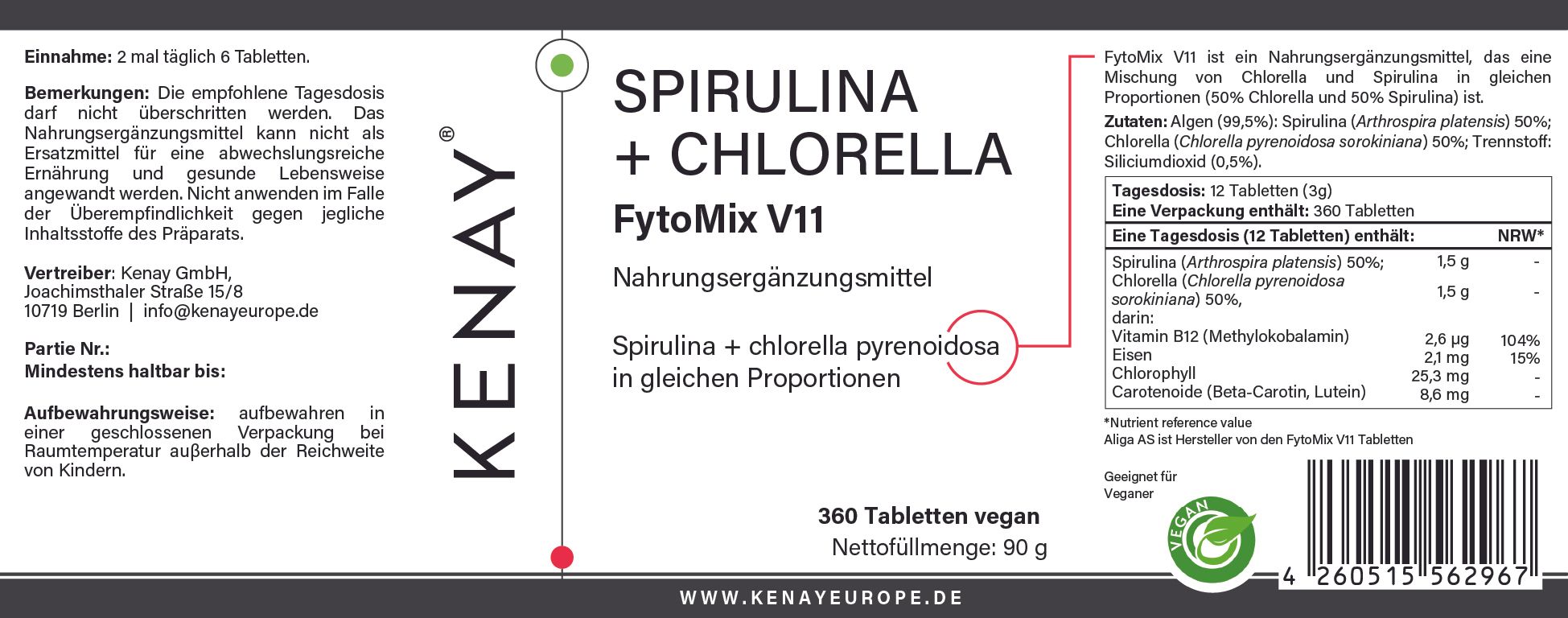 Weißes Etikett mit Produktinformationen. Aufschrift: SPIRULINA + CHLORELLA FytoMix V11. 360 Tabletten, vegan. Marke KENAY.