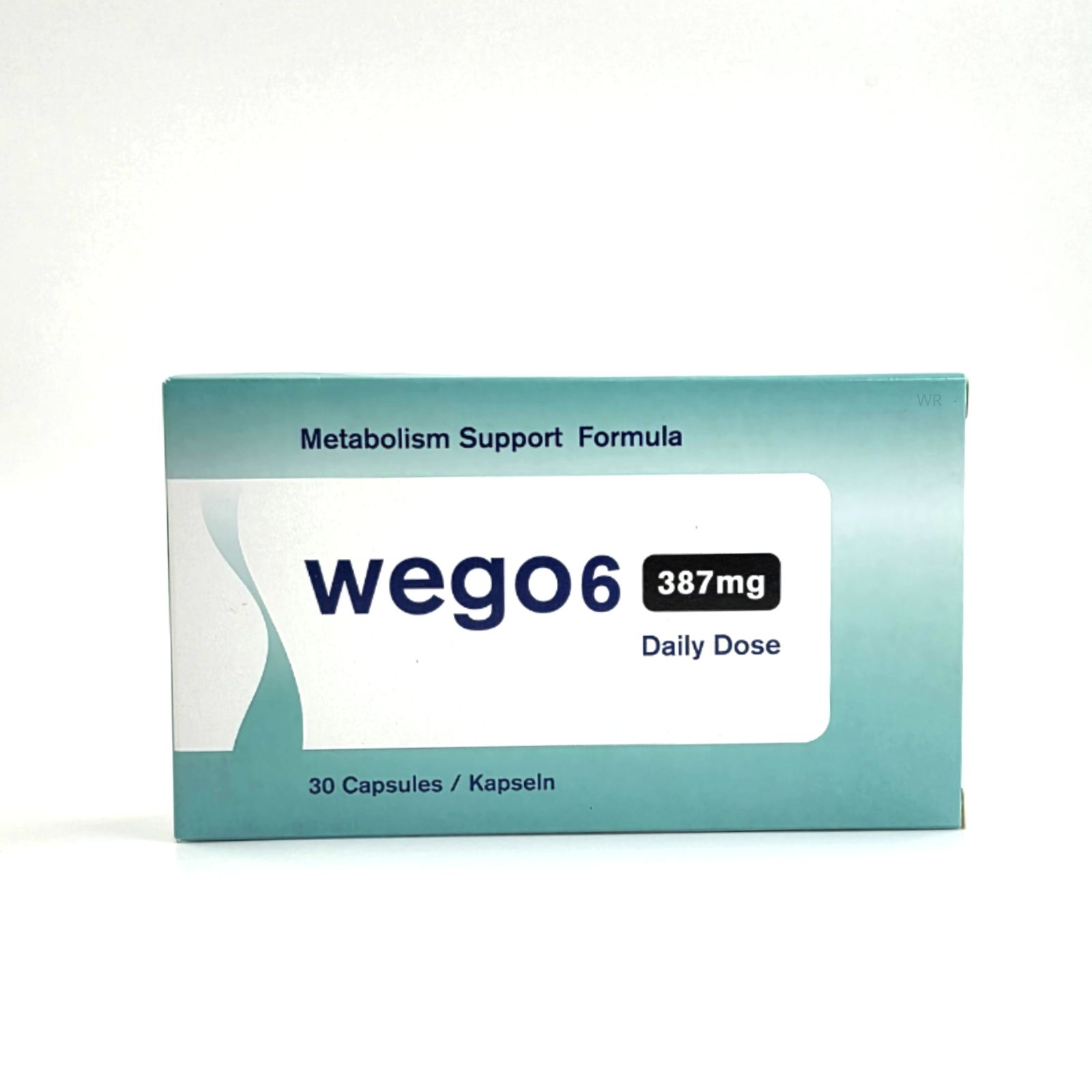 Schachtel mit "Wego6"-Logo, "387mg Daily Dose" und "30 Capsules / Kapseln".