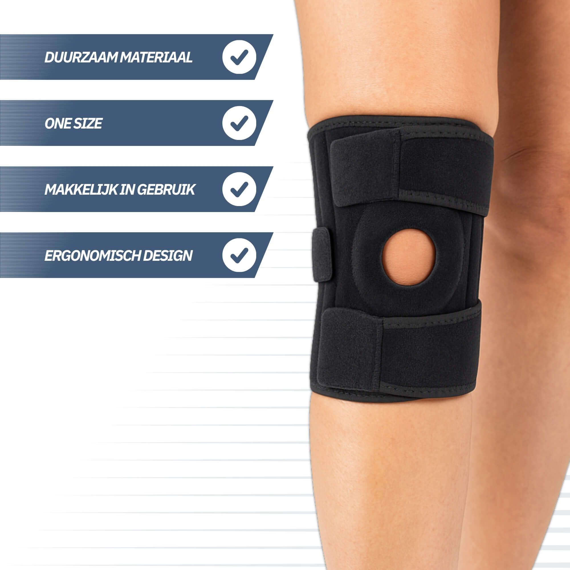 Schwarze Kniebandage mit Patella-Aussparung, verstellbaren Klettverschlüssen und ergonomischem Design.