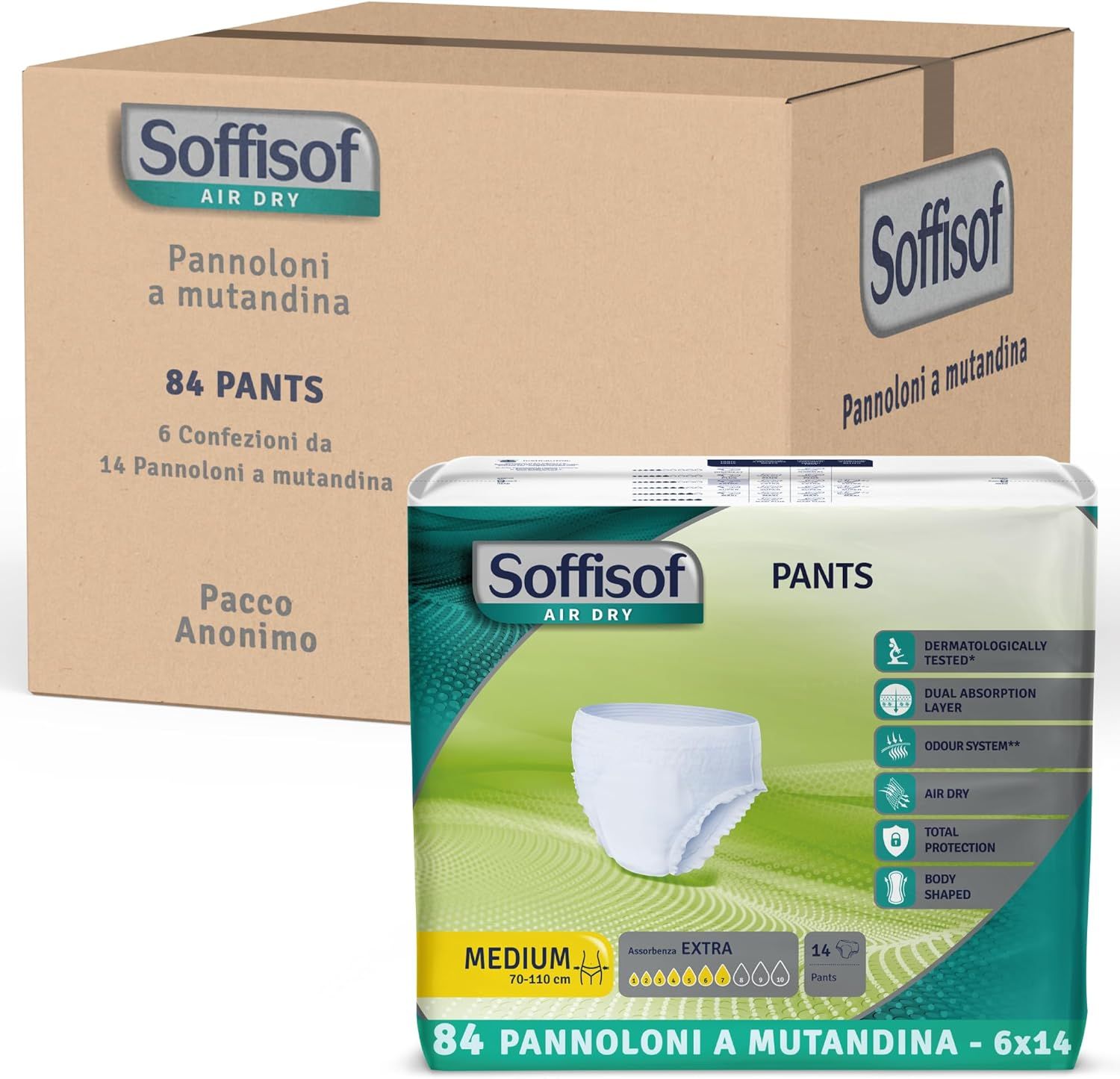 Karton und Packung Soffisof Pants. 84 Pants. Packung mit 6 x 14 Pants. Produktname und Logo auf der Verpackung.