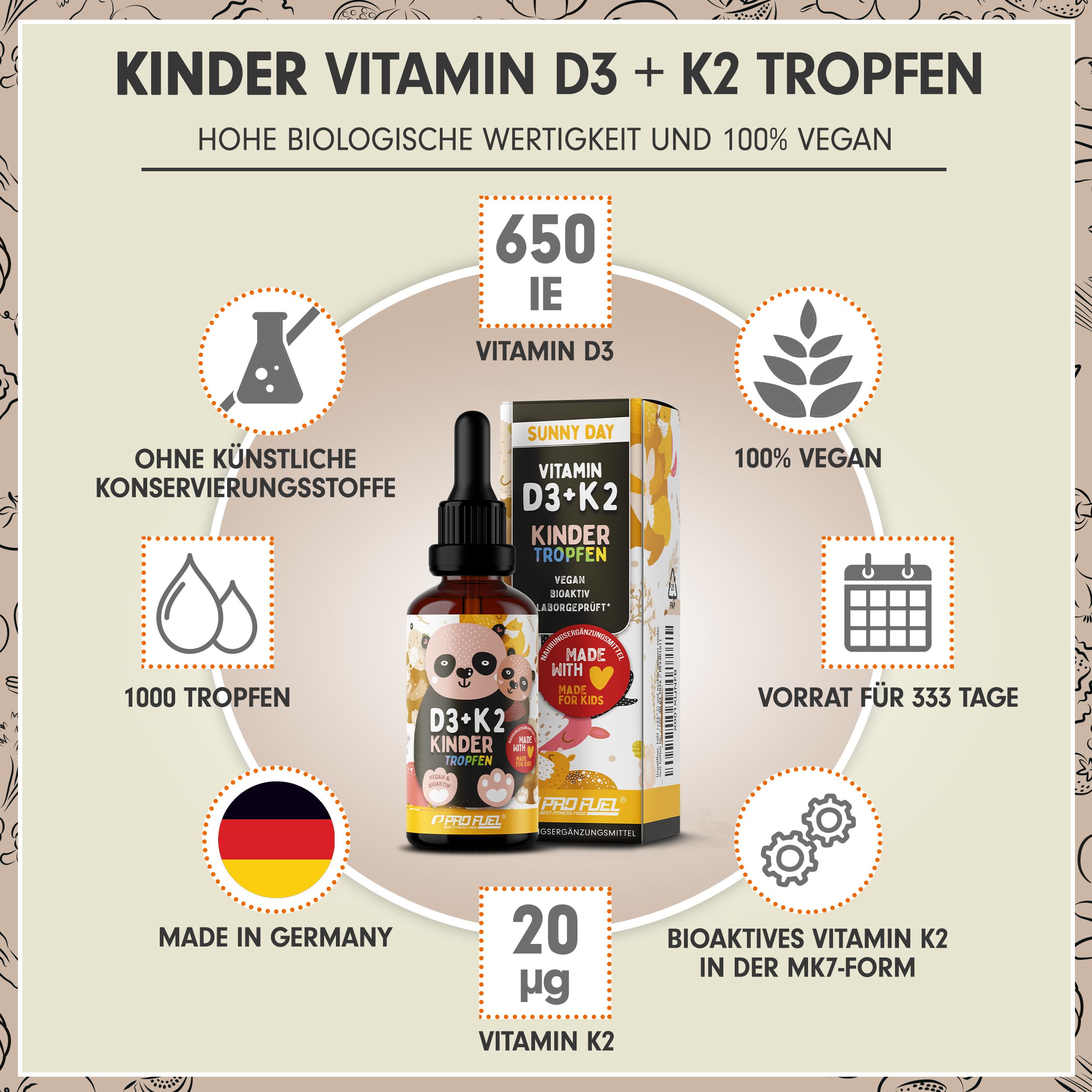 Braune Tropfenflasche mit Etikett. Text: Kinder Vitamin D3 + K2 Tropfen, 650 IE Vitamin D3, 20 µg Vitamin K2, 1000 Tropfen, vegan, Made in Germany.