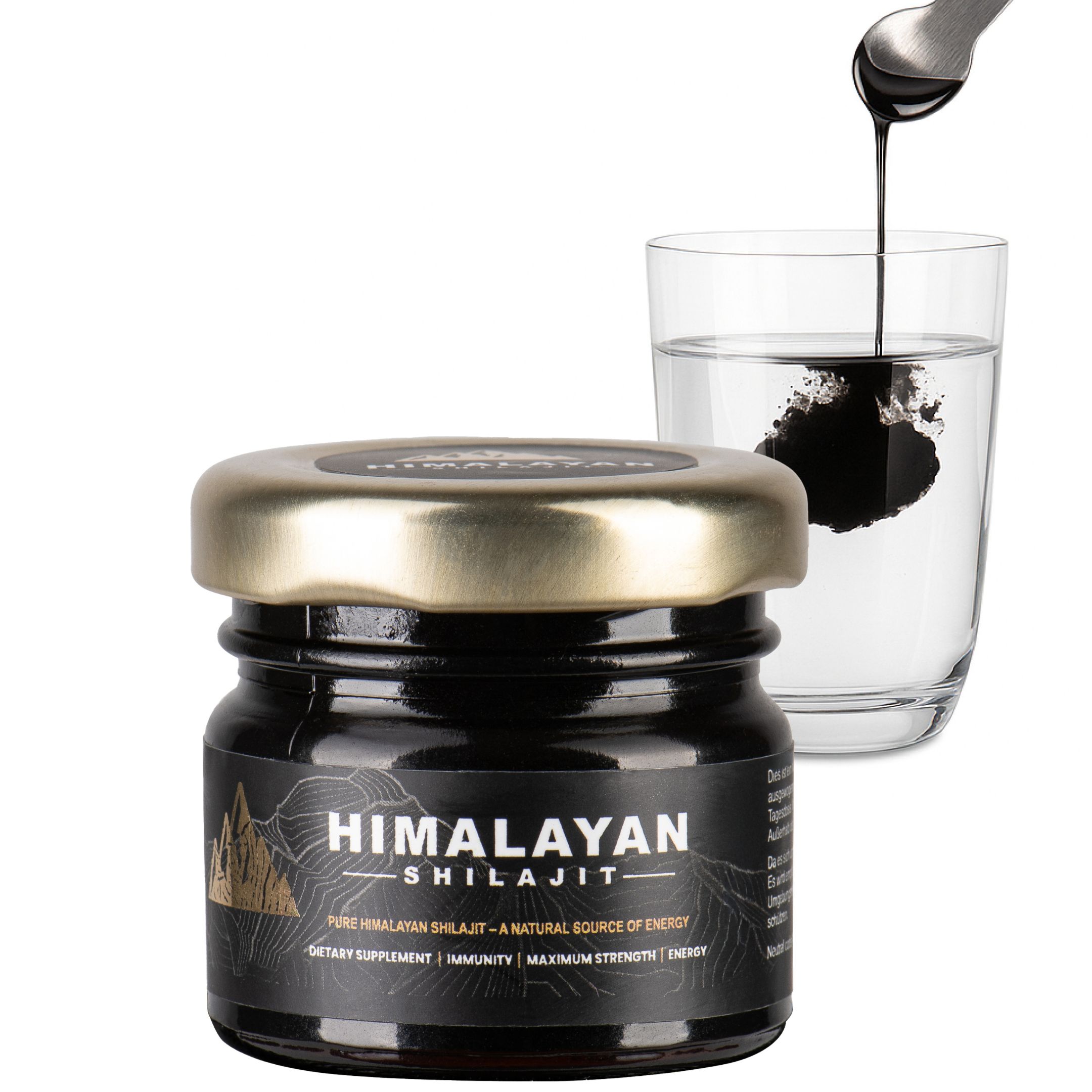 Glasbehälter mit schwarzem Inhalt, goldenem Deckel. Löffel mit Produkt, Tropfen in Wasserglas.