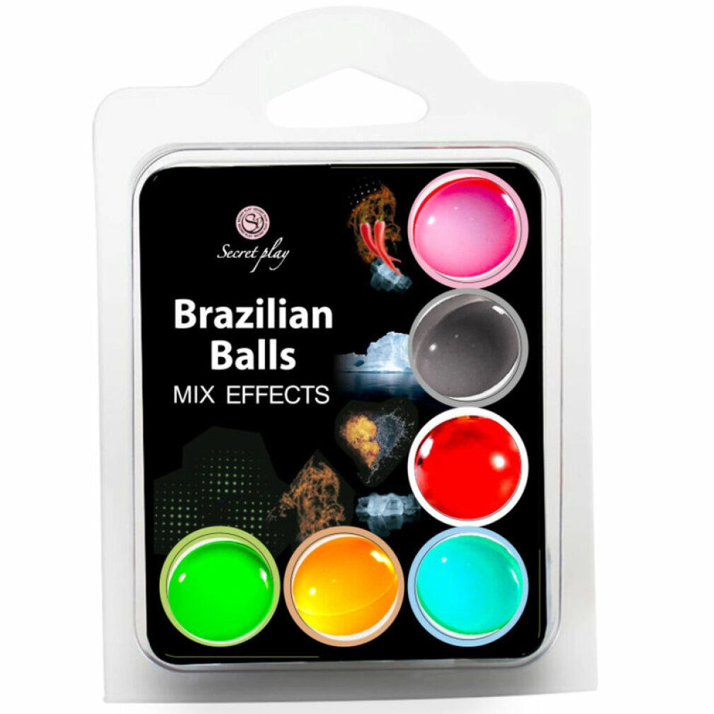 Verpackung mit sechs bunten Kugeln in den Farben Pink, Grau, Rot, Grün, Orange und Türkis.