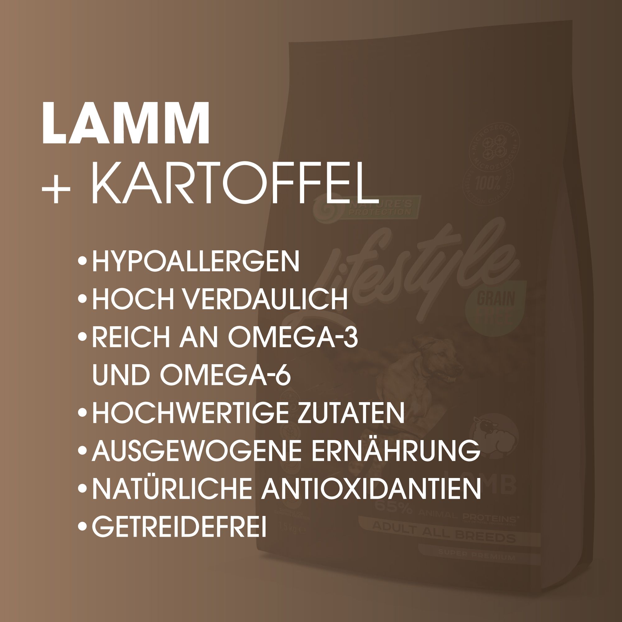 Brauner Hintergrund mit Text: Lamm + Kartoffel. Eigenschaften: hypoallergen, hochverdaulich, reich an Omega-3 und Omega-6, hochwertige Zutaten, uvm.