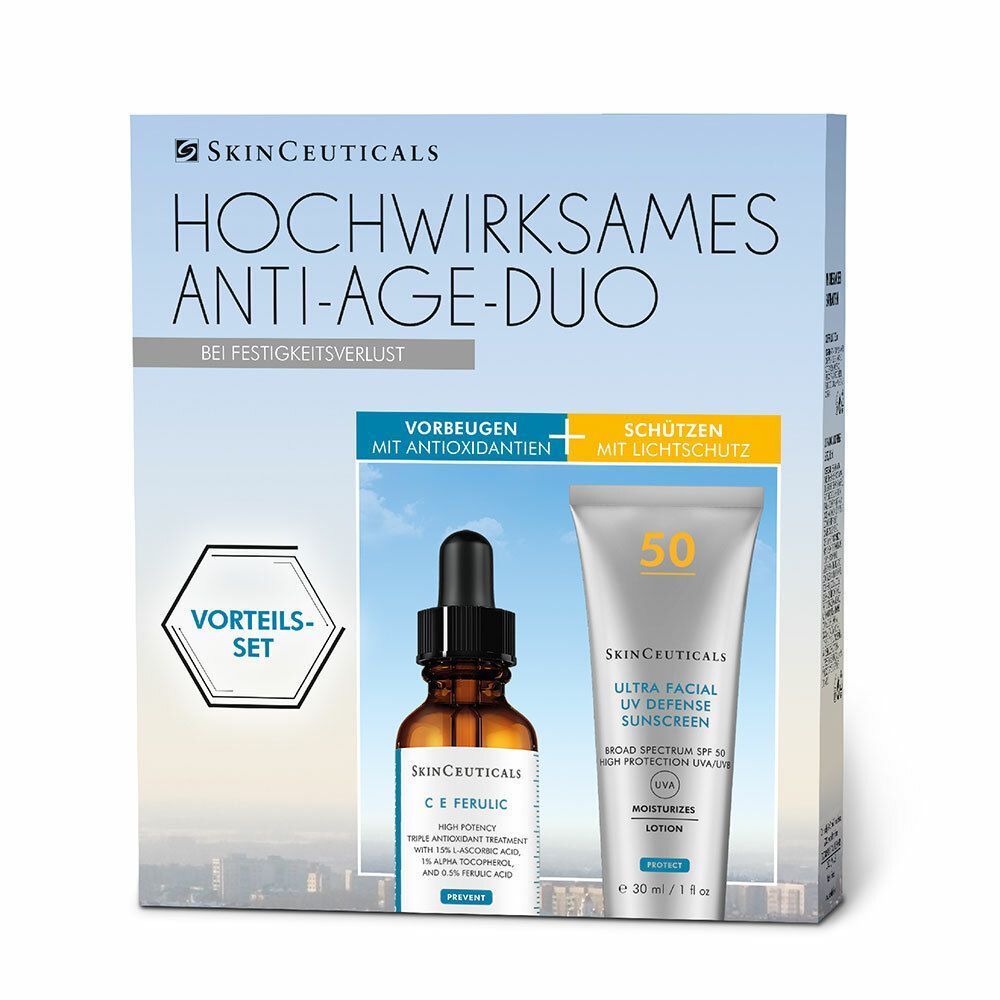 Anti-Age Duo-Set. Enthält eine braune Flasche mit Pipette und eine Tube mit Sonnenschutzmittel. Text: SkinCeuticals.