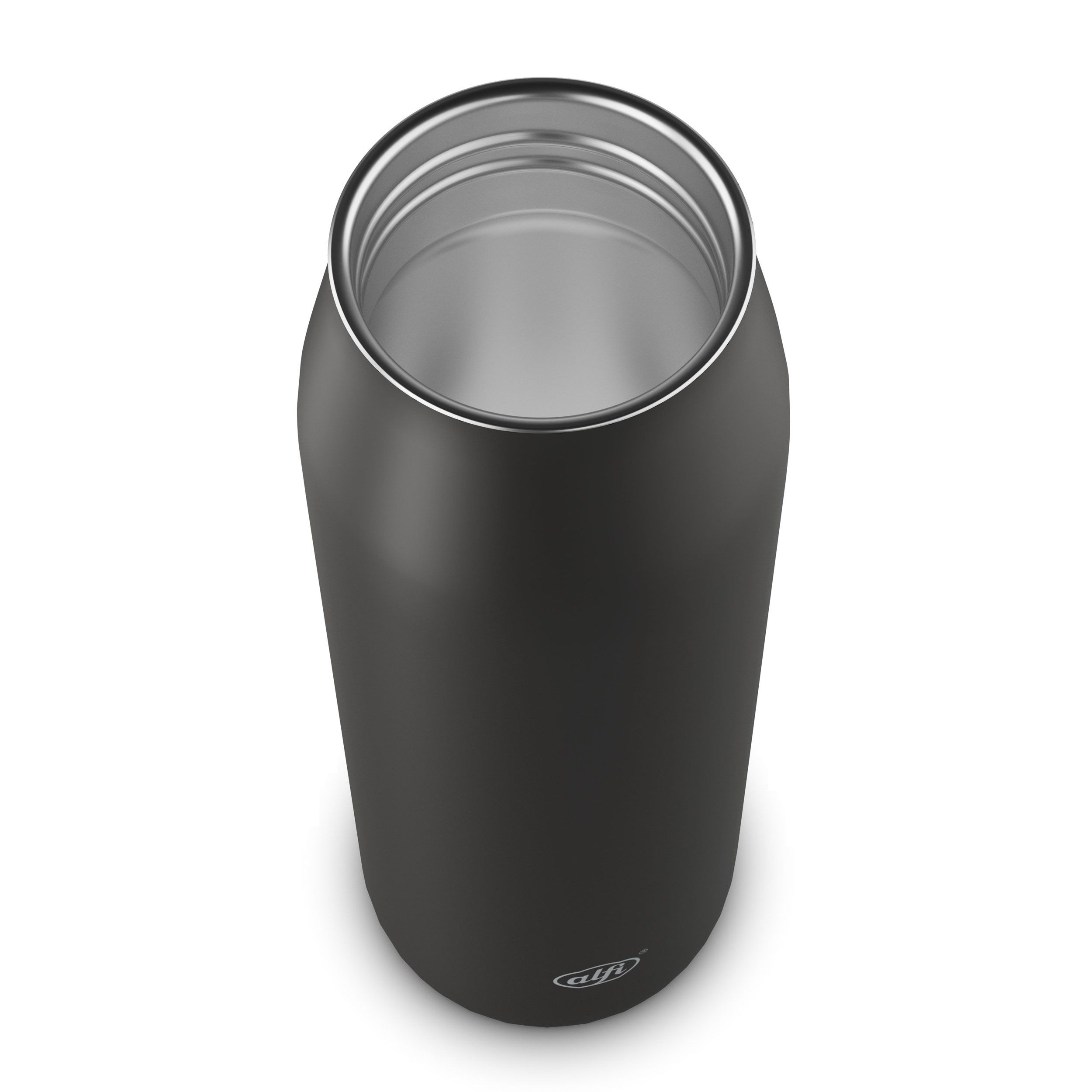Innenansicht einer schwarzen Alfi Isolierflasche mit silbernem Rand.