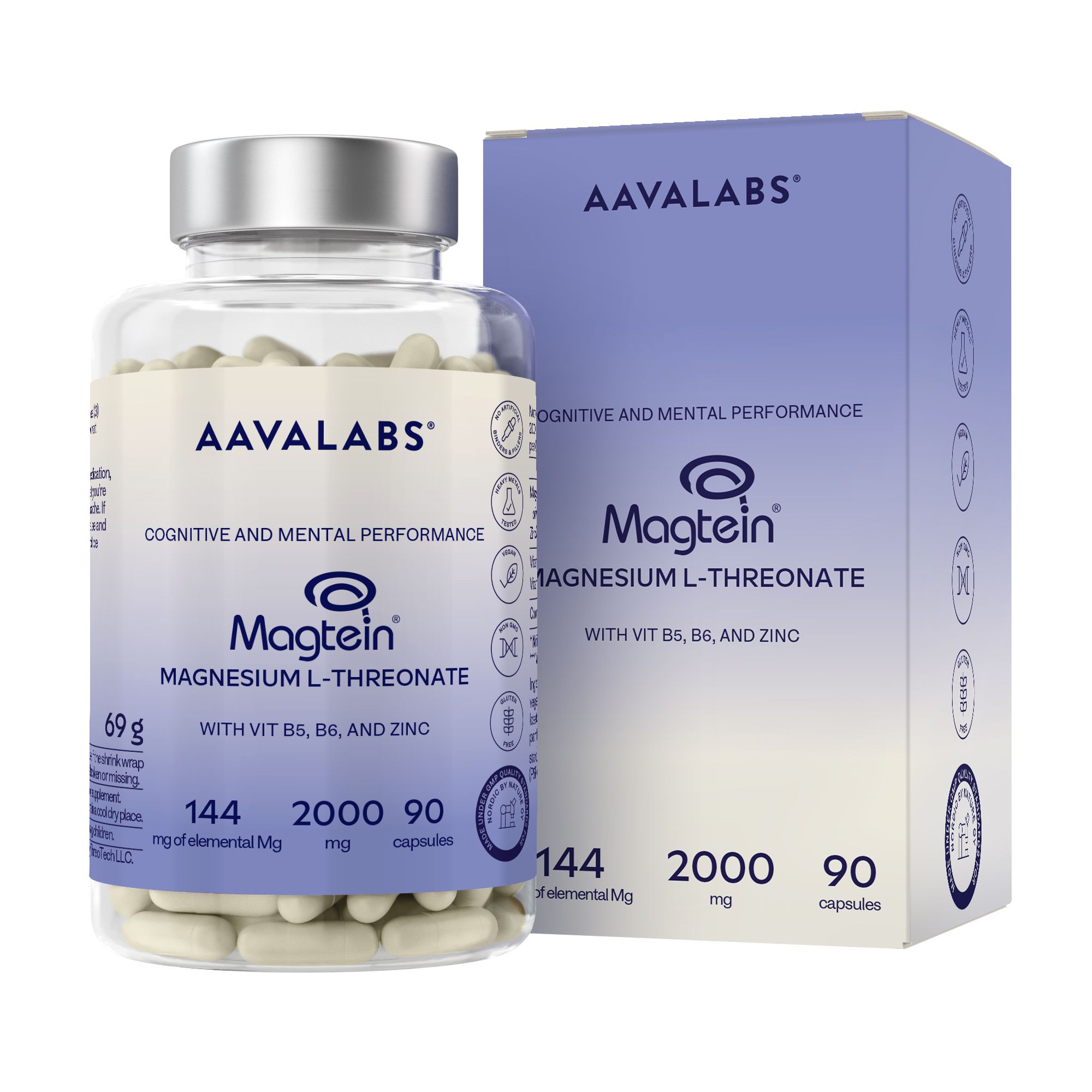 Aavalabs Magtein Magnesium L-Threonat Kapseln in Flasche und Karton.