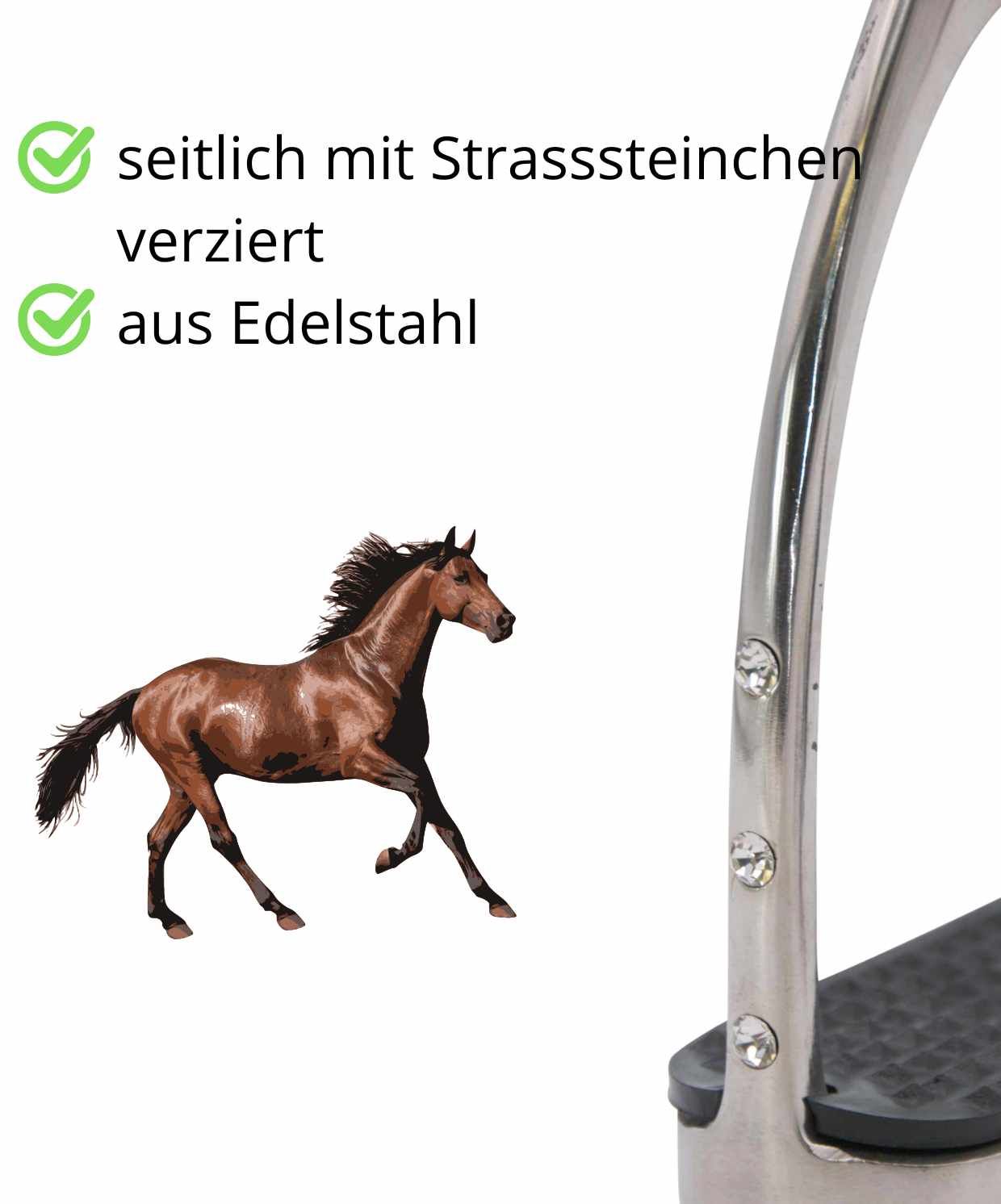 Steigbügel aus Edelstahl, seitlich mit Strasssteinchen verziert. Darstellung eines Pferdes.