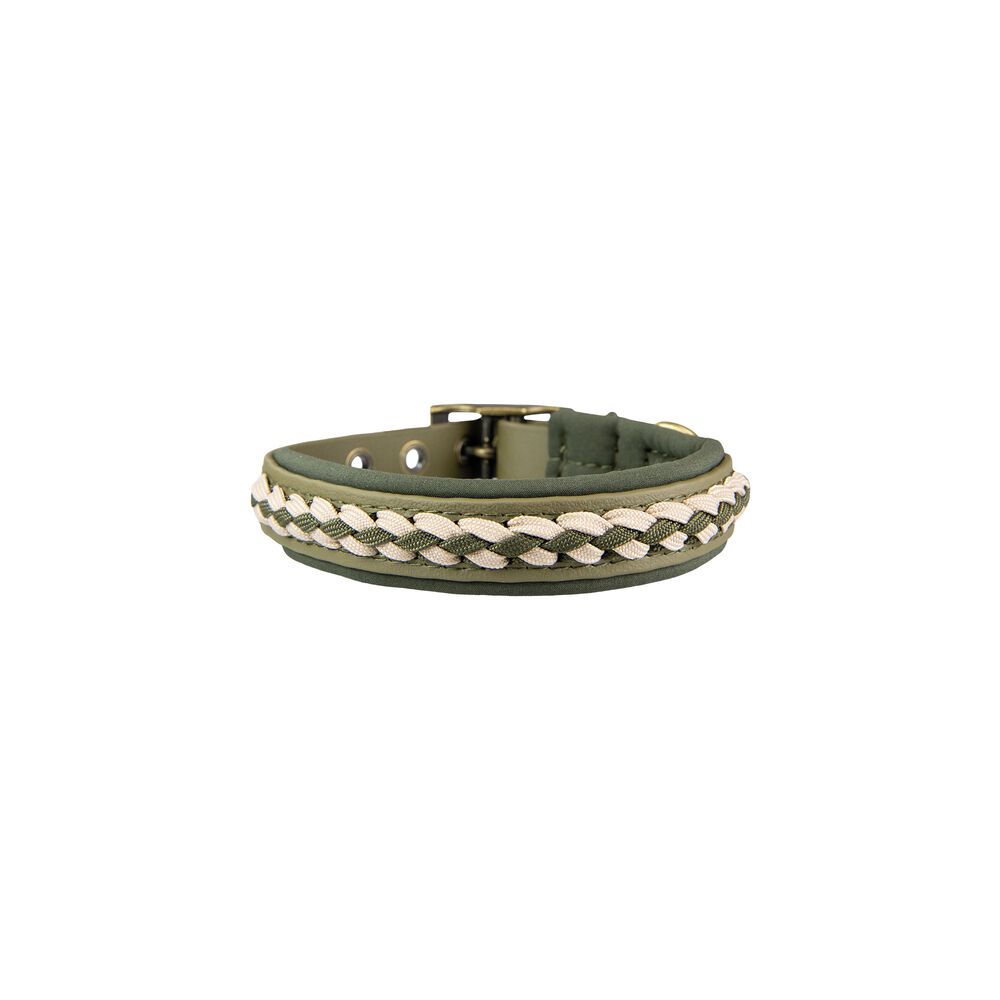 Hundehalsband aus grünem BioThane® mit geflochtenem Detail in Weiß und Beige. Metallverschluss.