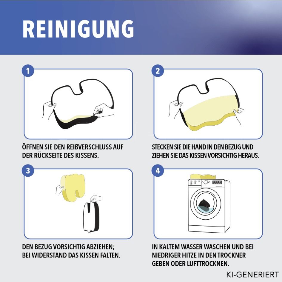 Anleitung zur Reinigung des Sitzkissens: Bezug abnehmen, waschen, trocknen.