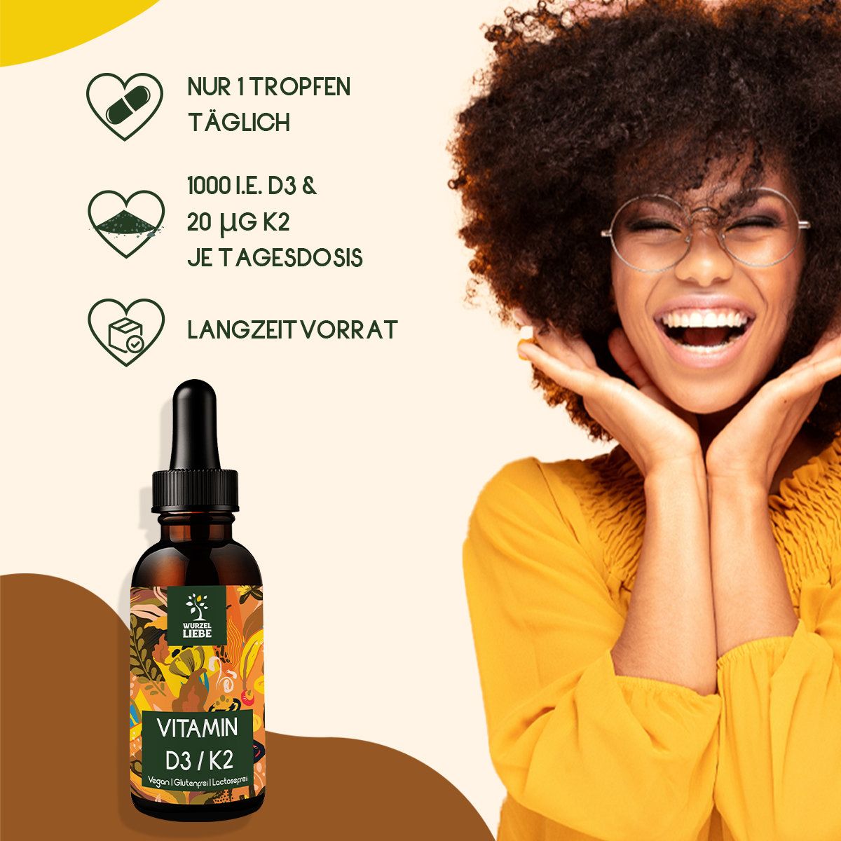 Frau lächelt. Flasche mit Tropfer, Etikett mit Logo und Schriftzug: Vitamin D3 / K2. Text: Nur 1 Tropfen täglich, 1000 I.E. D3 & 20 µg K2.