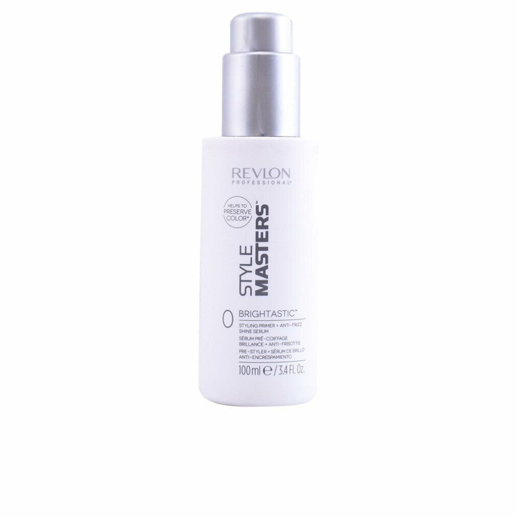 Weiße Flasche mit silbernem Pumpkopf. Beschriftung: Revlon Style Masters, Brightastic, 100ml/3.4 fl oz.