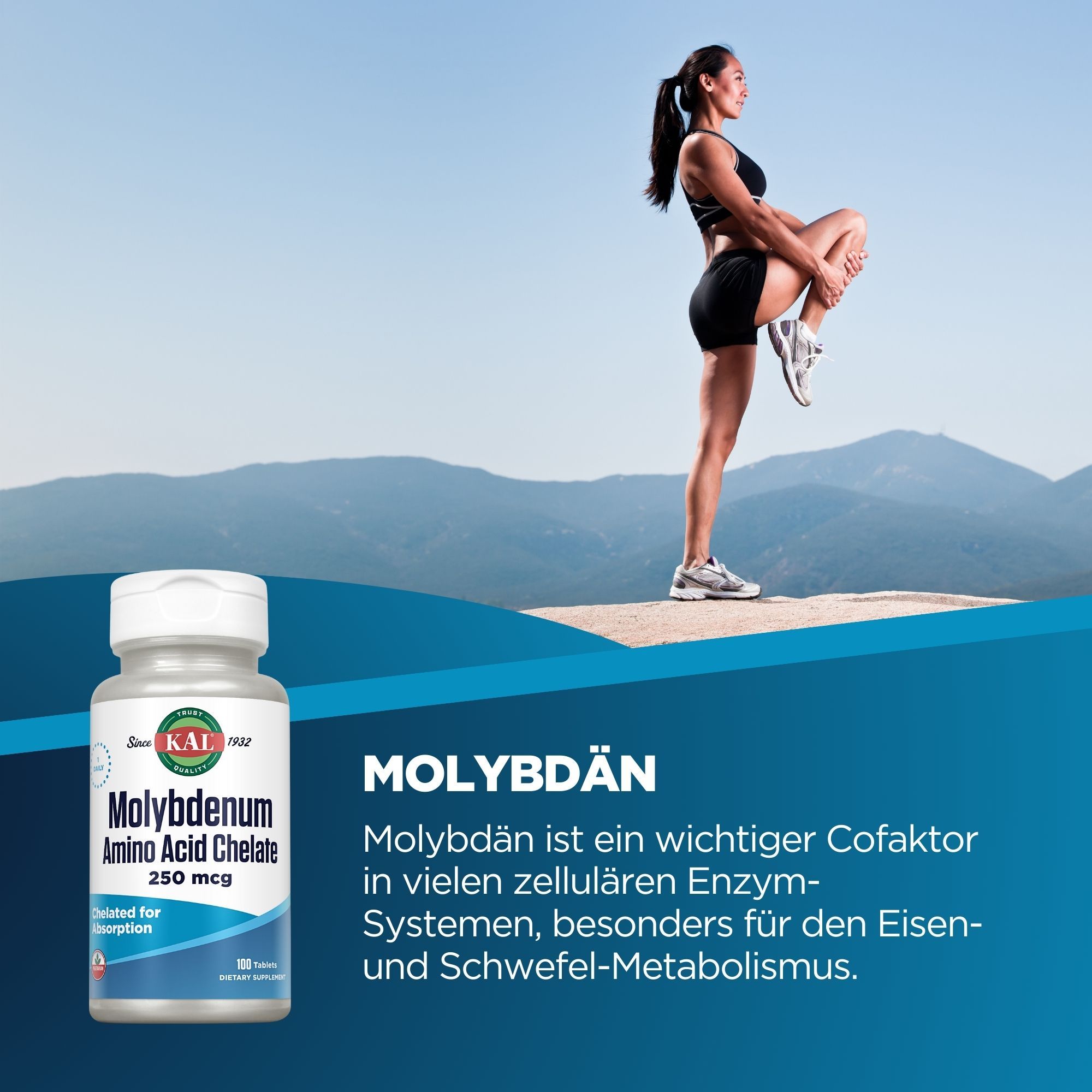 Weiße Flasche mit KAL Molybdän 250 mcg. Frau beim Dehnen. Hintergrund: Berglandschaft.