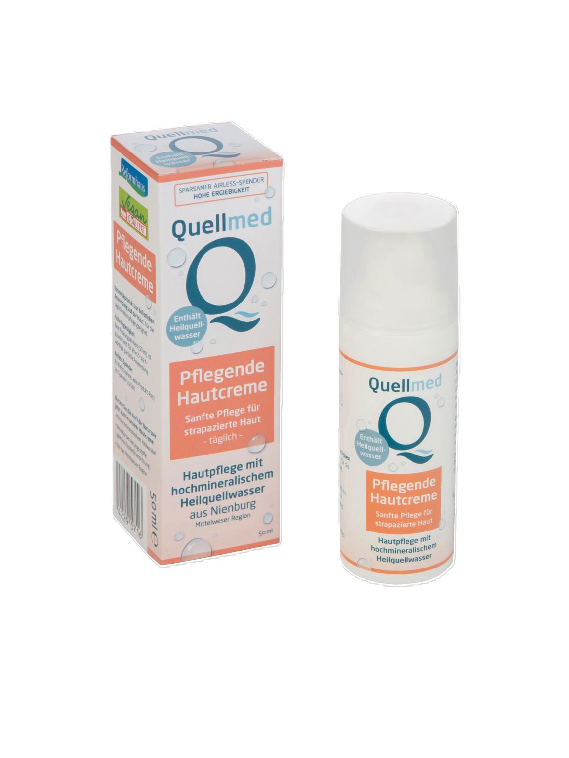Produktverpackung und Flasche. Aufschrift: Quellmed, Pflege Hautcreme. Mit Heilquellwasser. Verpackung mit Barcode.