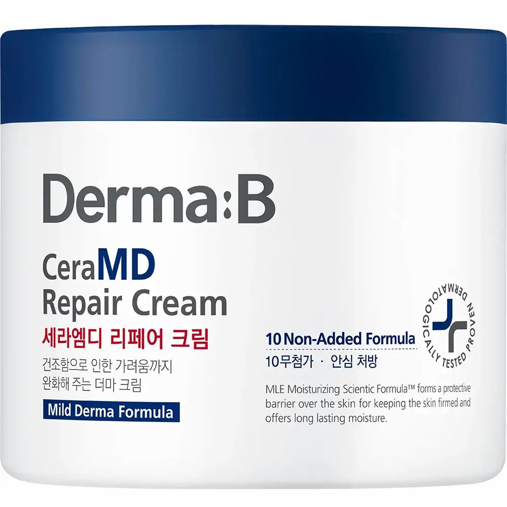 Weißer Tiegel mit blauem Deckel. Aufschrift: Derma:B CeraMD Repair Cream. Text in Koreanisch und Englisch. Dermatologisch getestet.