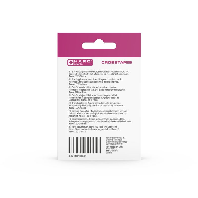 Rückseite der Haro Crosstapes-Verpackung. Textinformationen, Barcode und Logo. Rosa-weißer Hintergrund.