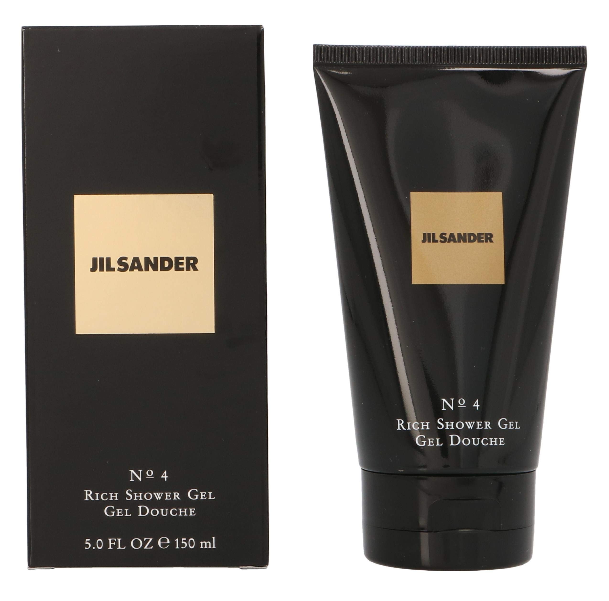 Schwarze Tube und Schachtel. Aufschrift: Jil Sander, No. 4, Rich Shower Gel, Gel Douche. Schachtel mit 5.0 FL OZ E 150 ml.