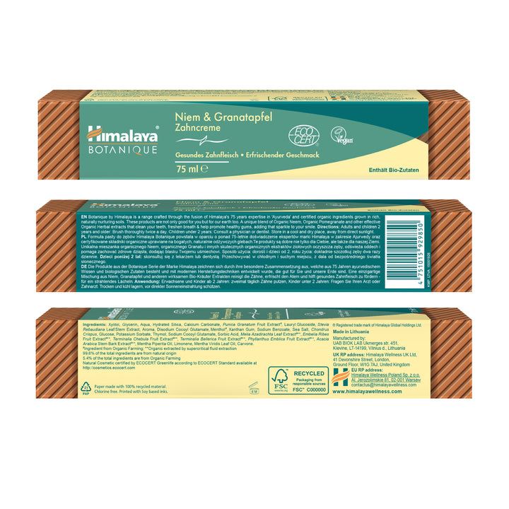 Verpackung von Himalaya Botanique Zahnpasta mit Neem & Granatapfel, 75 ml.