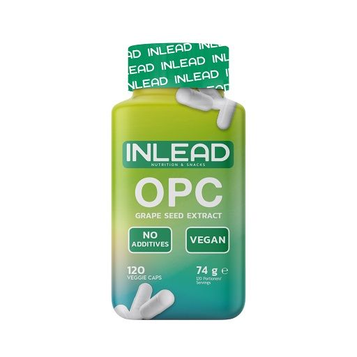 Grüne Flasche mit weißen Kapseln. Aufschrift: INLEAD OPC Grape Seed Extract, vegan, ohne Zusatzstoffe. 120 Veggie Caps.