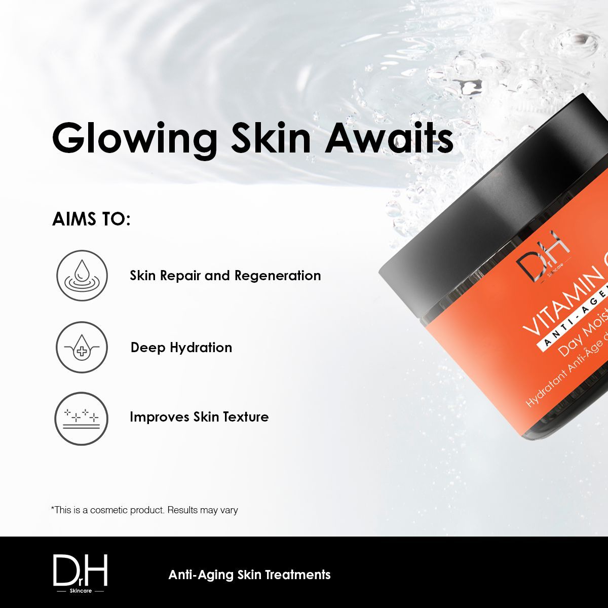 Tiegel mit Aufschrift Vitamin C Anti-Ageing Day Moisturiser. Ziele: Hauterneuerung, tiefe Hydratation, Verbesserung der Hautstruktur.