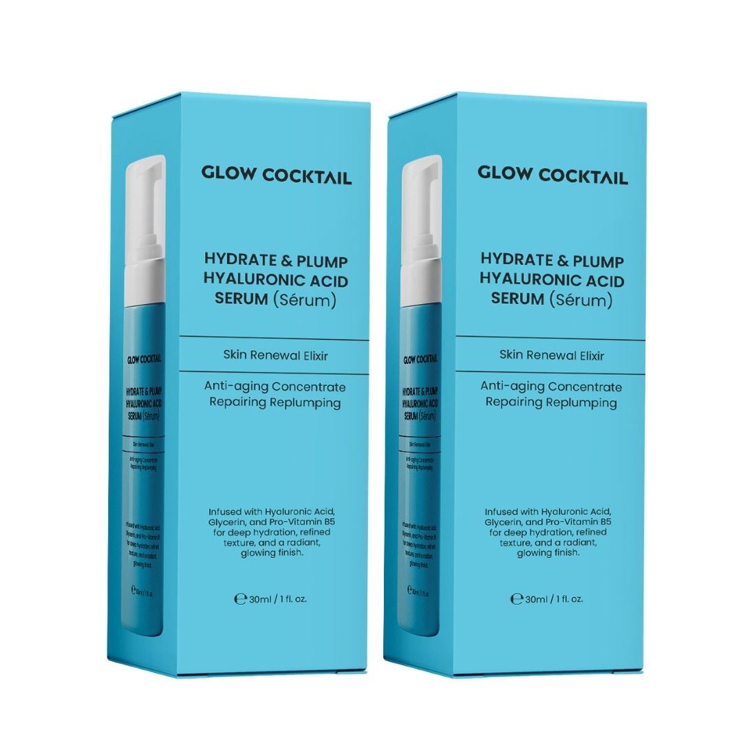 Zwei blaue Produktverpackungen mit Serumflaschen. Text: Glow Cocktail, Hydrate & Plump Hyaluronic Acid Serum. 30ml/1 fl. oz.
