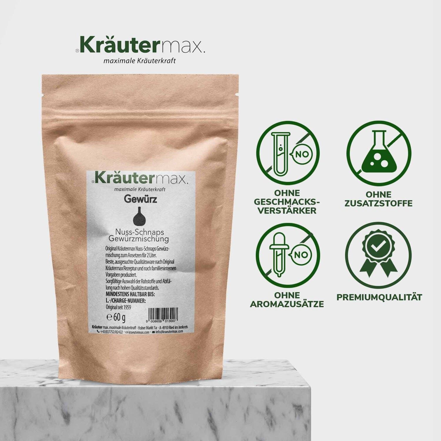 Beutel Kräutermax Gewürz, Nuss-Schnaps Gewürzmischung. Ohne Geschmacksverstärker, ohne Zusatzstoffe, ohne Aromazusätze. Premiumqualität.